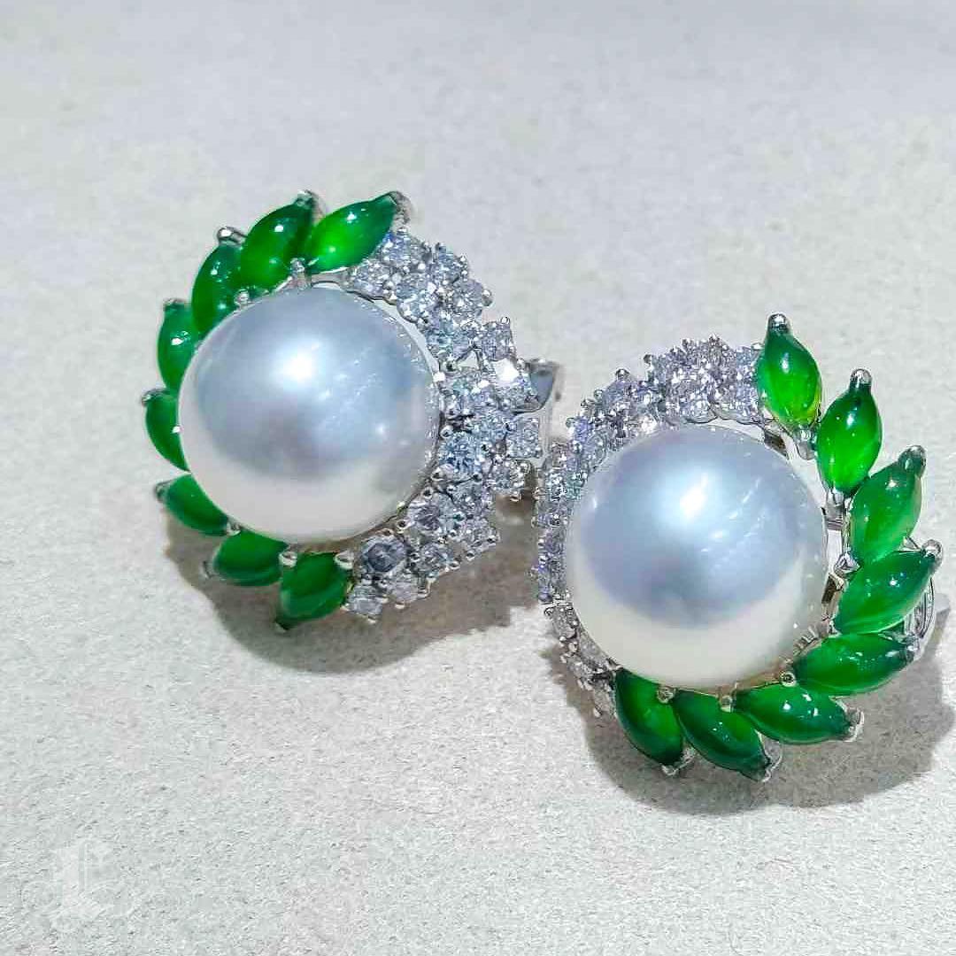 【Jādora】Imperial Leaf Halo Jadeite & South Sea Pearl Earrings 2