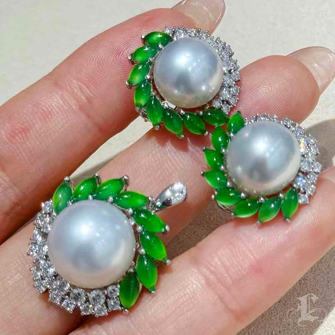 【Jādora】Imperial Leaf Halo Jadeite & South Sea Pearl Earrings 3