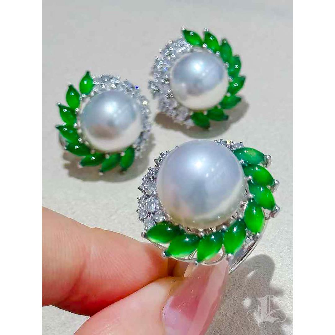 【Jādora】Imperial Leaf Halo Jadeite & South Sea Pearl Earrings 4