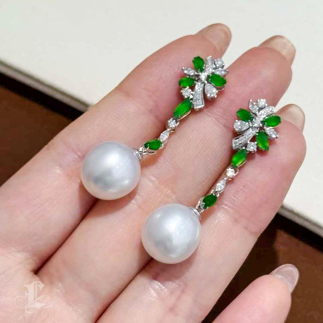 Women's 【Vine Symphony】Willow Bloom Jadeite & South Sea Pearl Drop Earrings For Sale