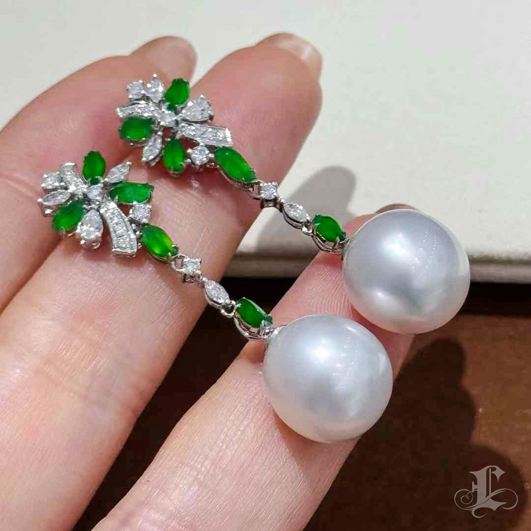 【Vine Symphony】Willow Bloom Jadeite & South Sea Pearl Drop Earrings For Sale 1
