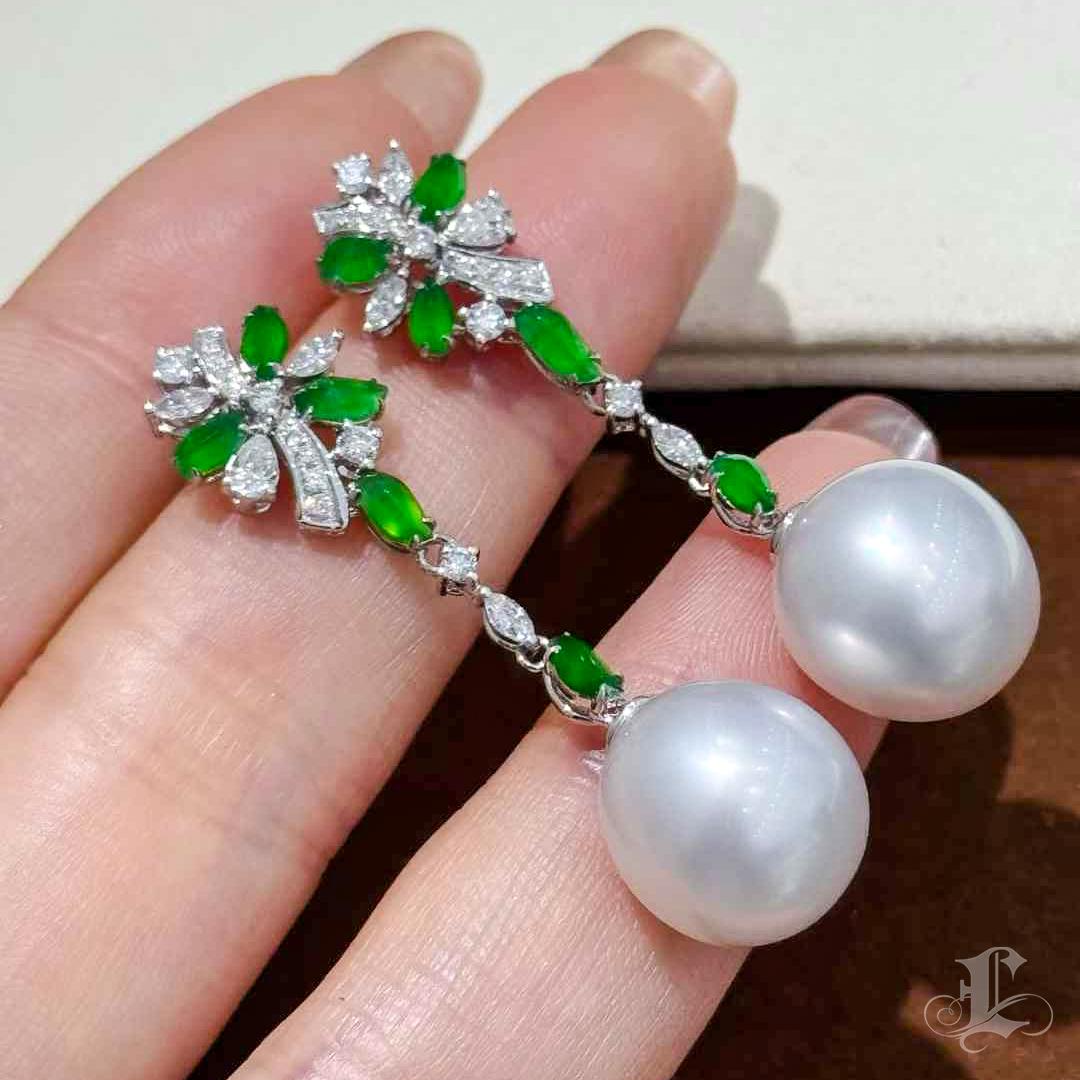 【Vine Symphony】Willow Bloom Jadeite & South Sea Pearl Drop Earrings For Sale 2
