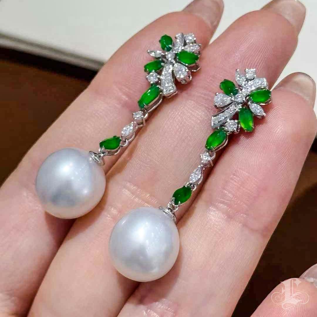 【Vine Symphony】Willow Bloom Jadeite & South Sea Pearl Drop Earrings For Sale 3