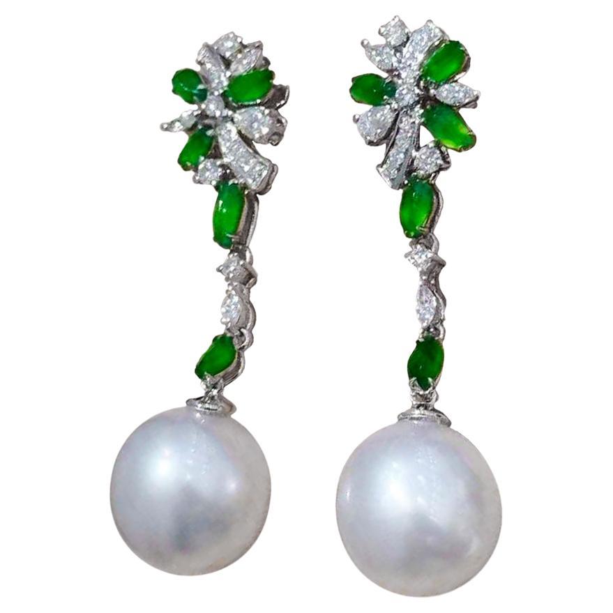 【Vine Symphony】Willow Bloom Jadeite & South Sea Pearl Drop Earrings