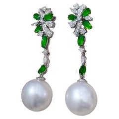 【Vine Symphony】Willow Bloom Jadeite & South Sea Pearl Drop Earrings