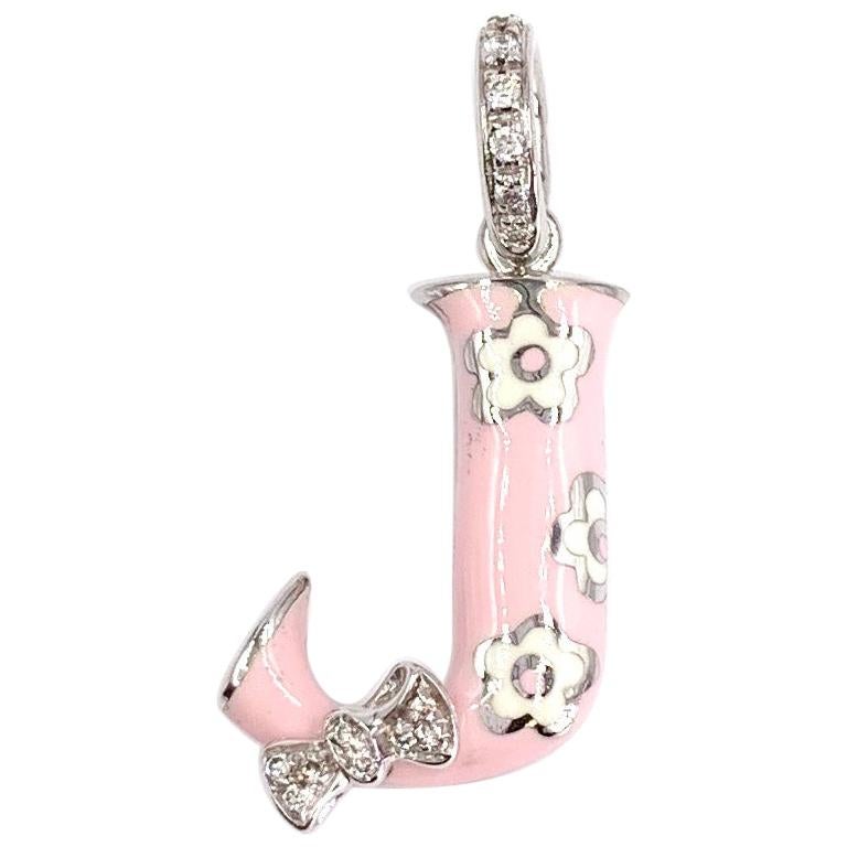 18 Karat White Gold Aaron Basha Diamond Pink Letter J Charm For Sale