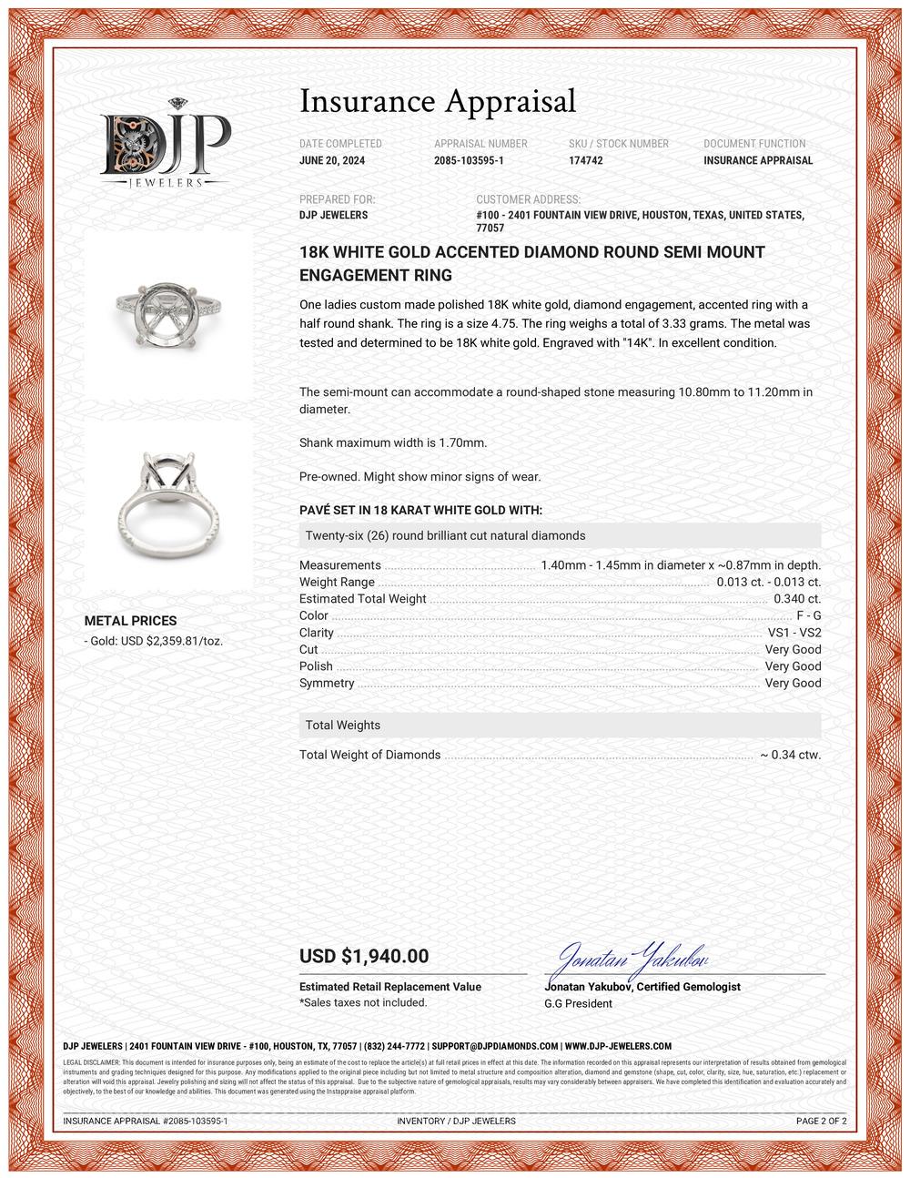 18K White Gold Accented Diamond Round Semi Mount Engagement Ring For Sale 1