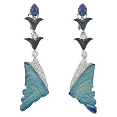 18k White Gold, Agate, Onyx, Sapphire and Diamond Butterfly Wing Earrings