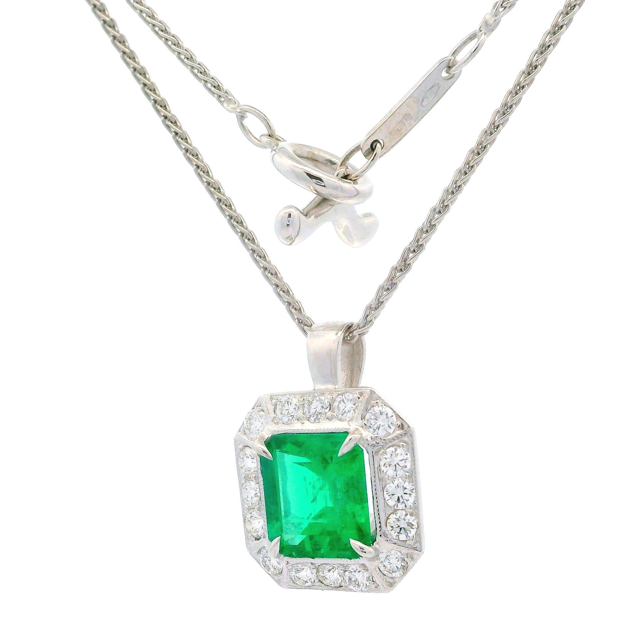 Emerald Cut 18k White Gold Agl 2.64ctw Emerald & Diamond Pendant on 16