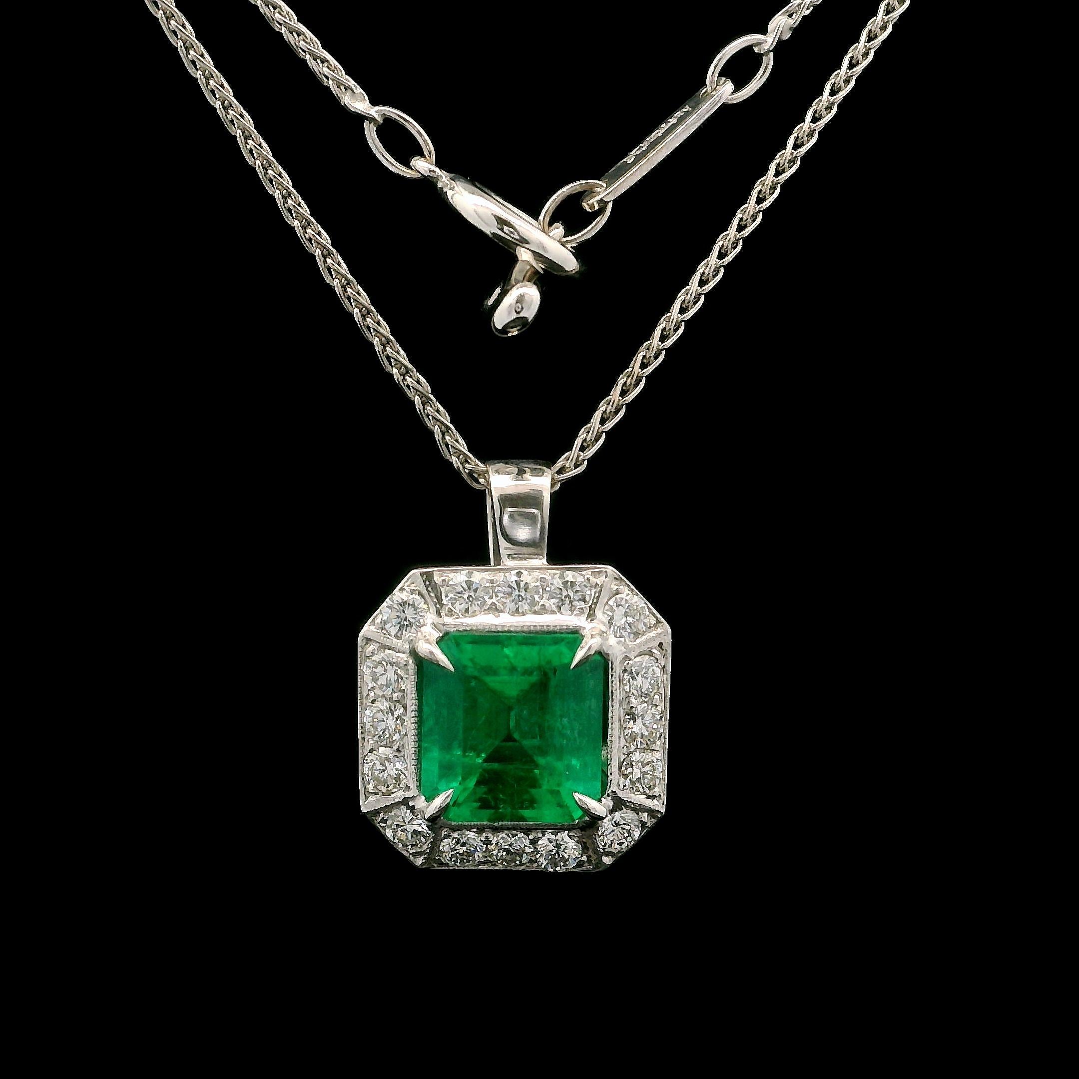 18k White Gold Agl 2.64ctw Emerald & Diamond Pendant on 16