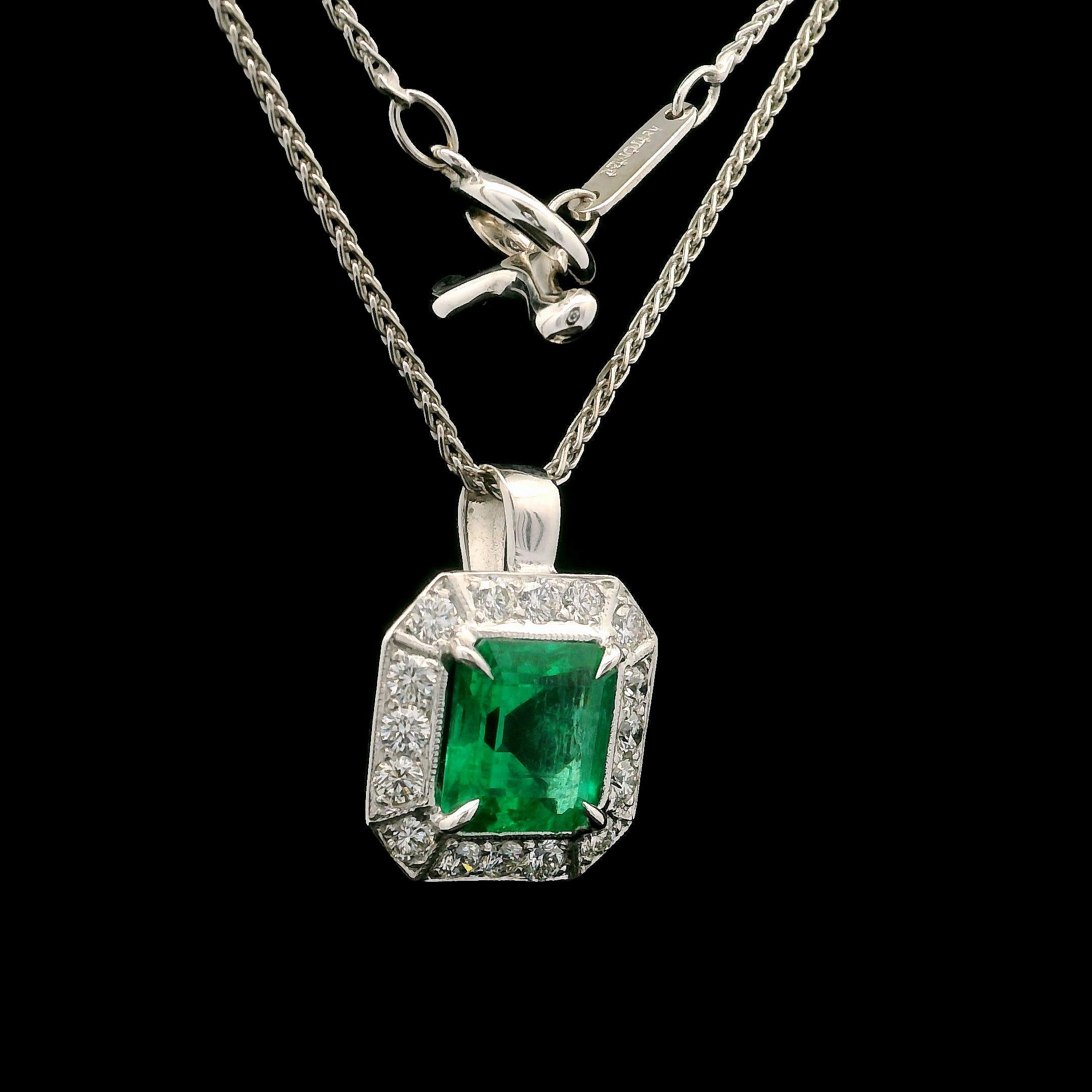 18k White Gold Agl 2.64ctw Emerald & Diamond Pendant on 16