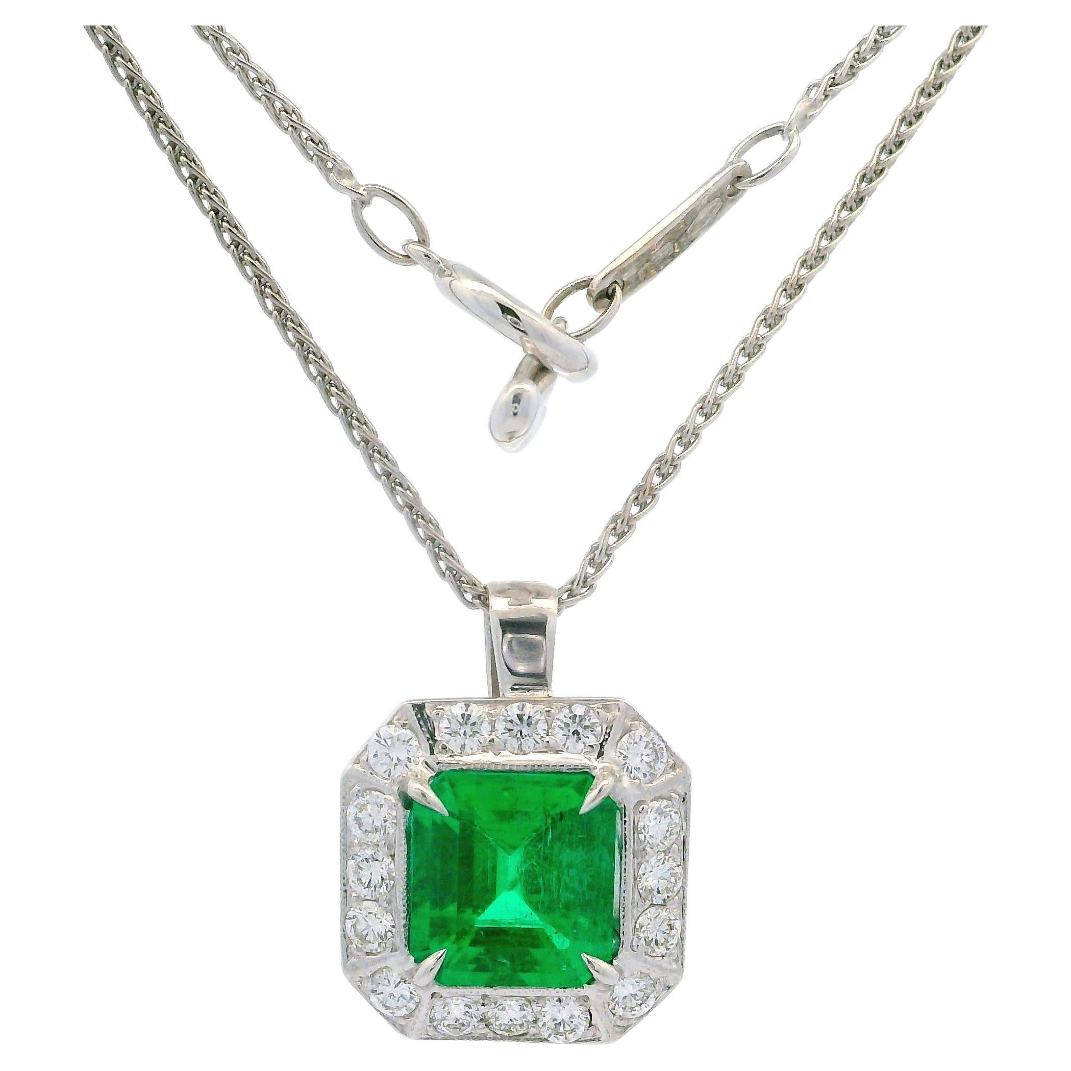 18k White Gold Agl 2.64ctw Emerald & Diamond Pendant on 16" Wheat Link Necklace For Sale