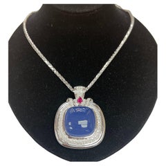 18k White Gold All-Natural Chalcedony Pendant w/ Ruby & Round Diamonds