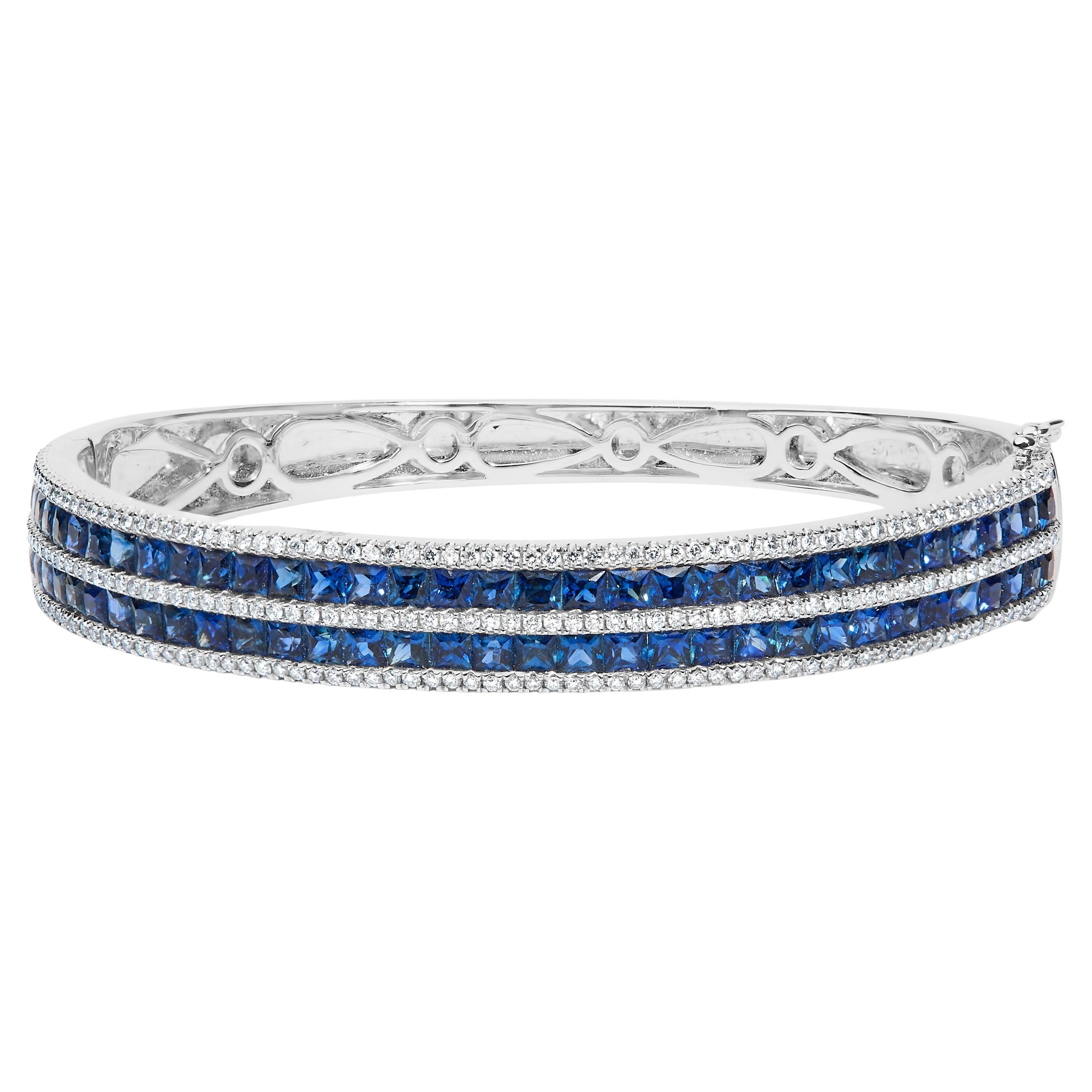 18K White Gold Alternating Diamond & 8.0ct Sapphire Multi Row Bangle Bracelet