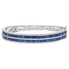 18K White Gold Alternating Diamond & 8.0ct Sapphire Multi Row Bangle Bracelet
