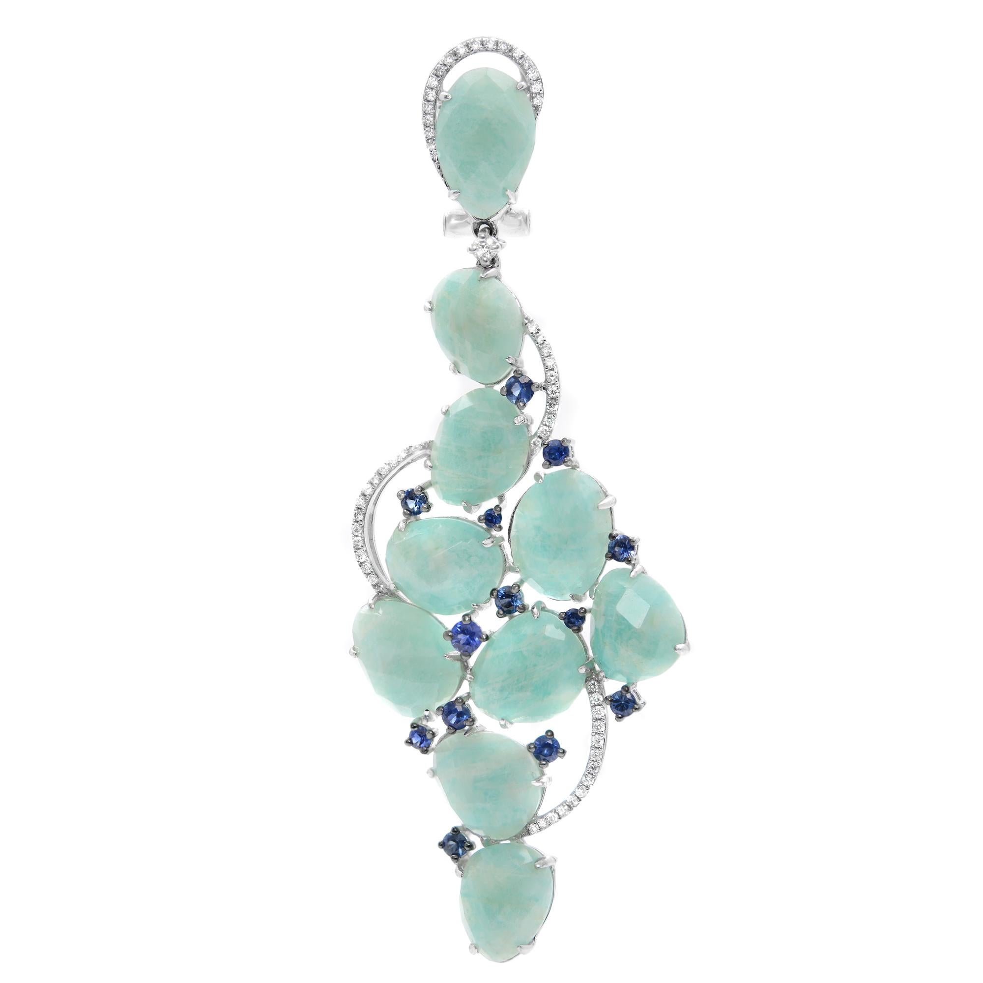 Beautiful Amazonite, Blue Sapphire & Diamonds Drop Earrings. Crafted in 14k white gold. Total diamond weight: 0.65. Earring length: 2.75 inches. Comes with a presentable gift box. 