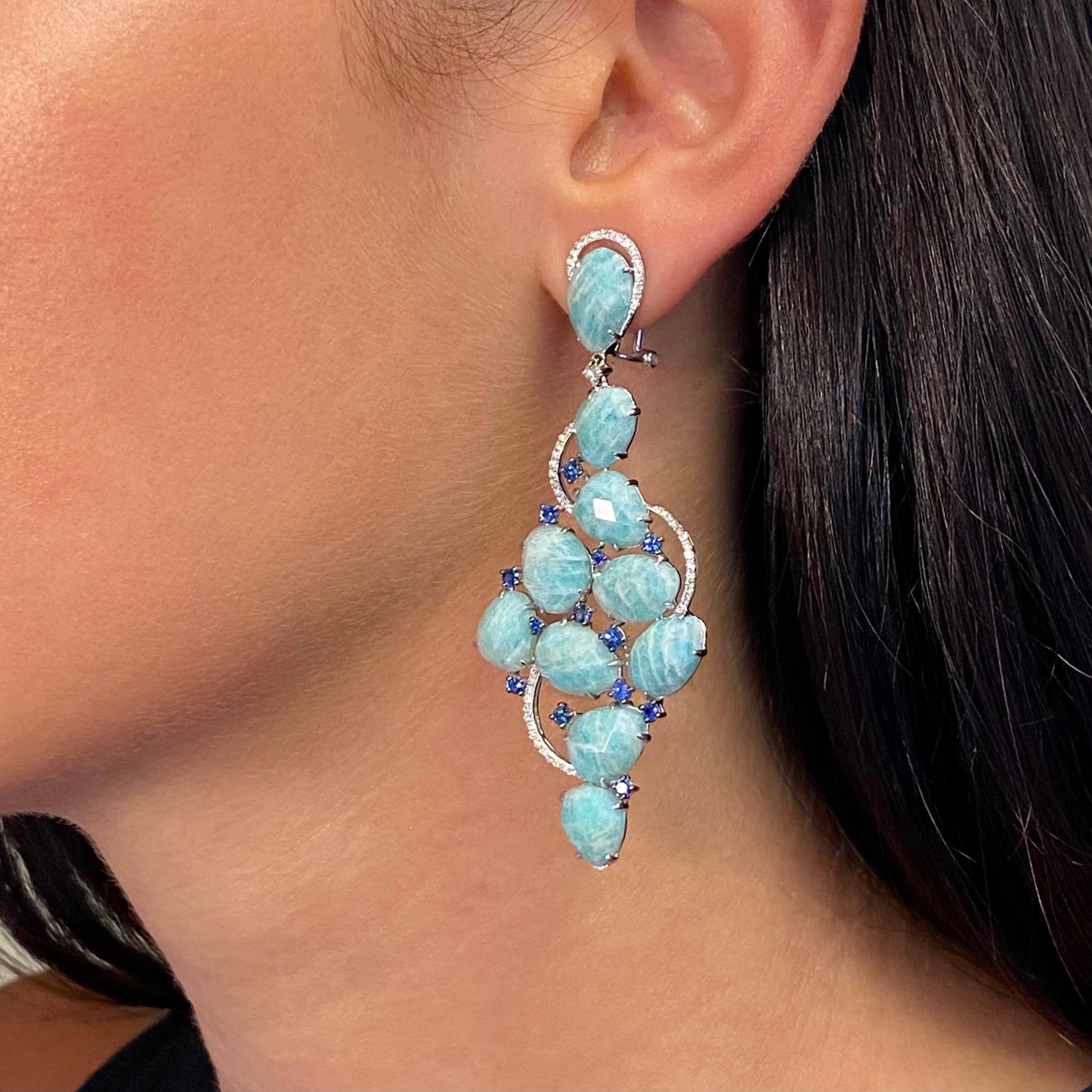 Modern 18K White Gold Amazonite Blue Sapphire & Diamonds Drop Earrings For Sale