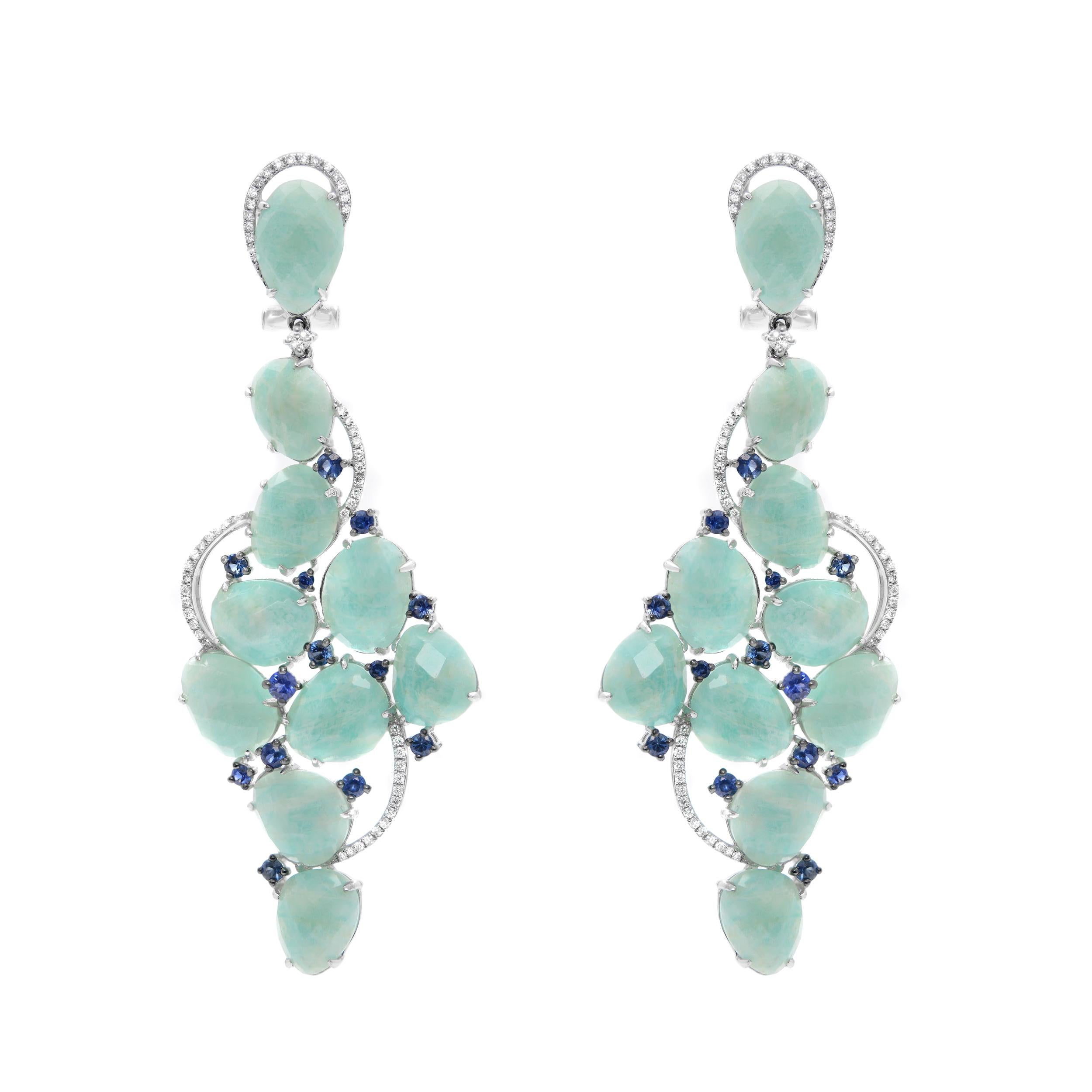 18K White Gold Amazonite Blue Sapphire & Diamonds Drop Earrings