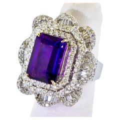 18K White Gold, Amethyst , 9.5 ct. and over 5 cts of Diamond Contemporary Ring