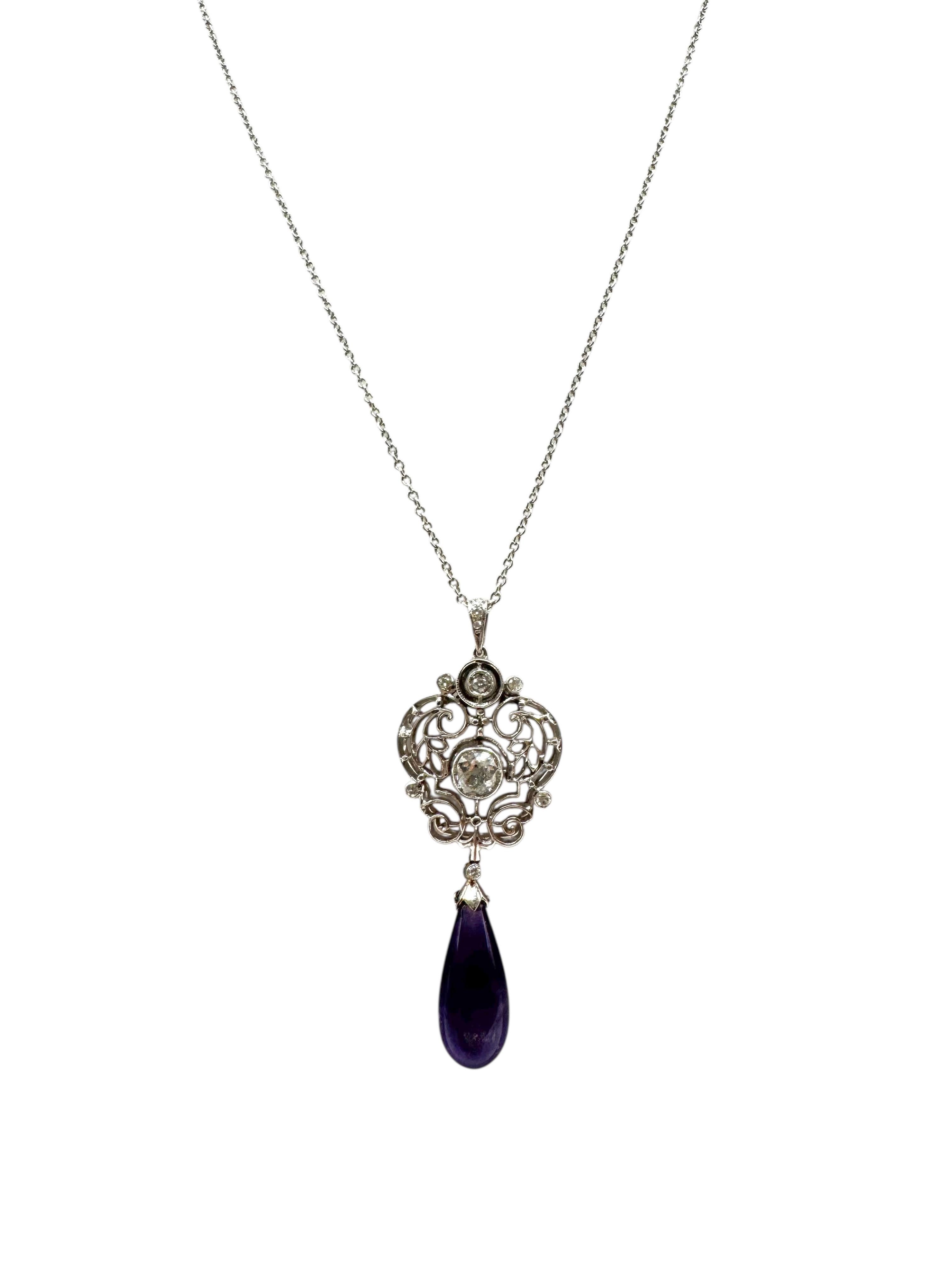 Taglio brillante 18K White Gold Amethyst and Diamond Drop Pendant Necklace in vendita