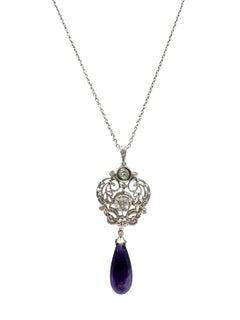 18K White Gold Amethyst and Diamond Drop Pendant Necklace