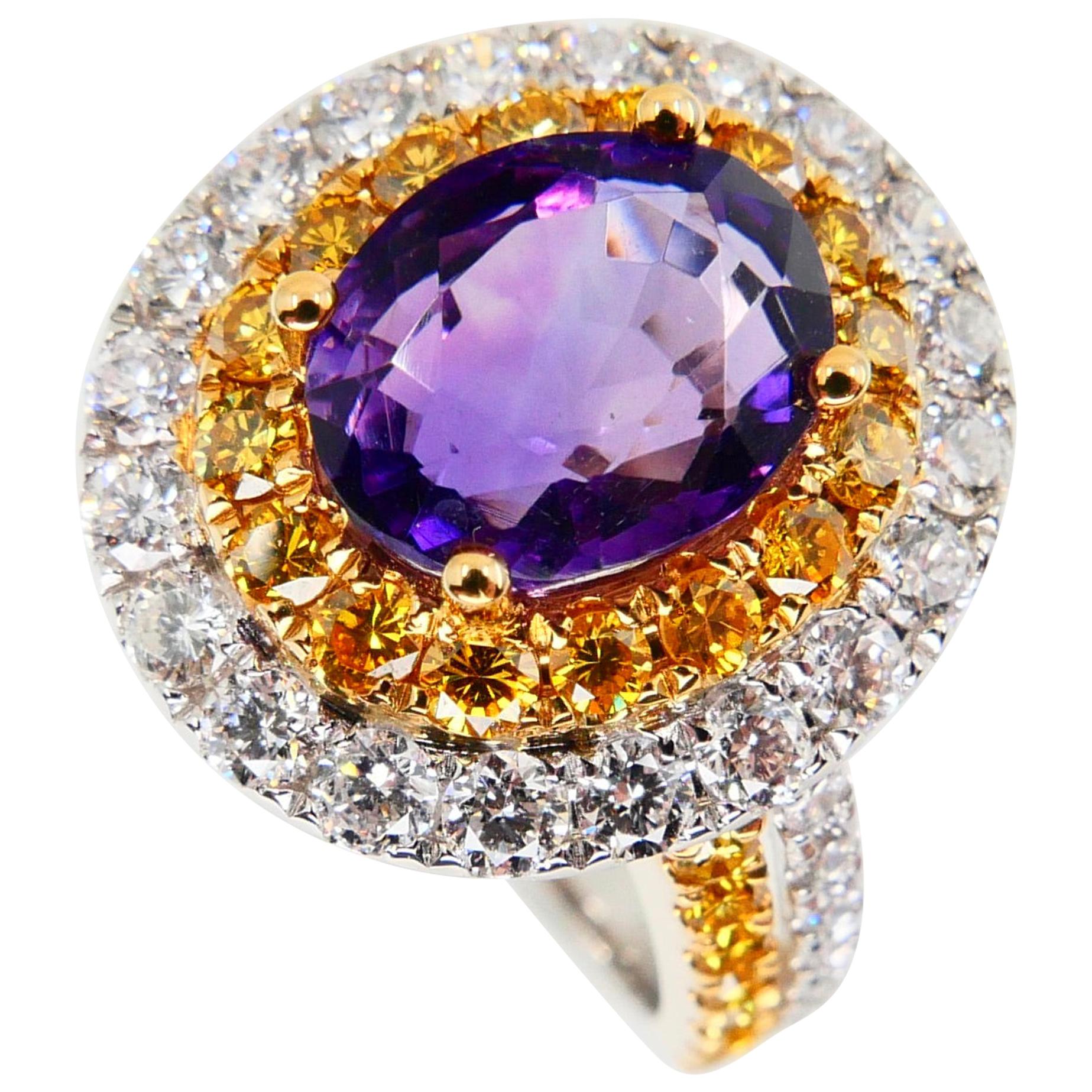 18k White Gold Amethyst Cocktail Ring with Fancy Vivid Yellow and White Diamonds