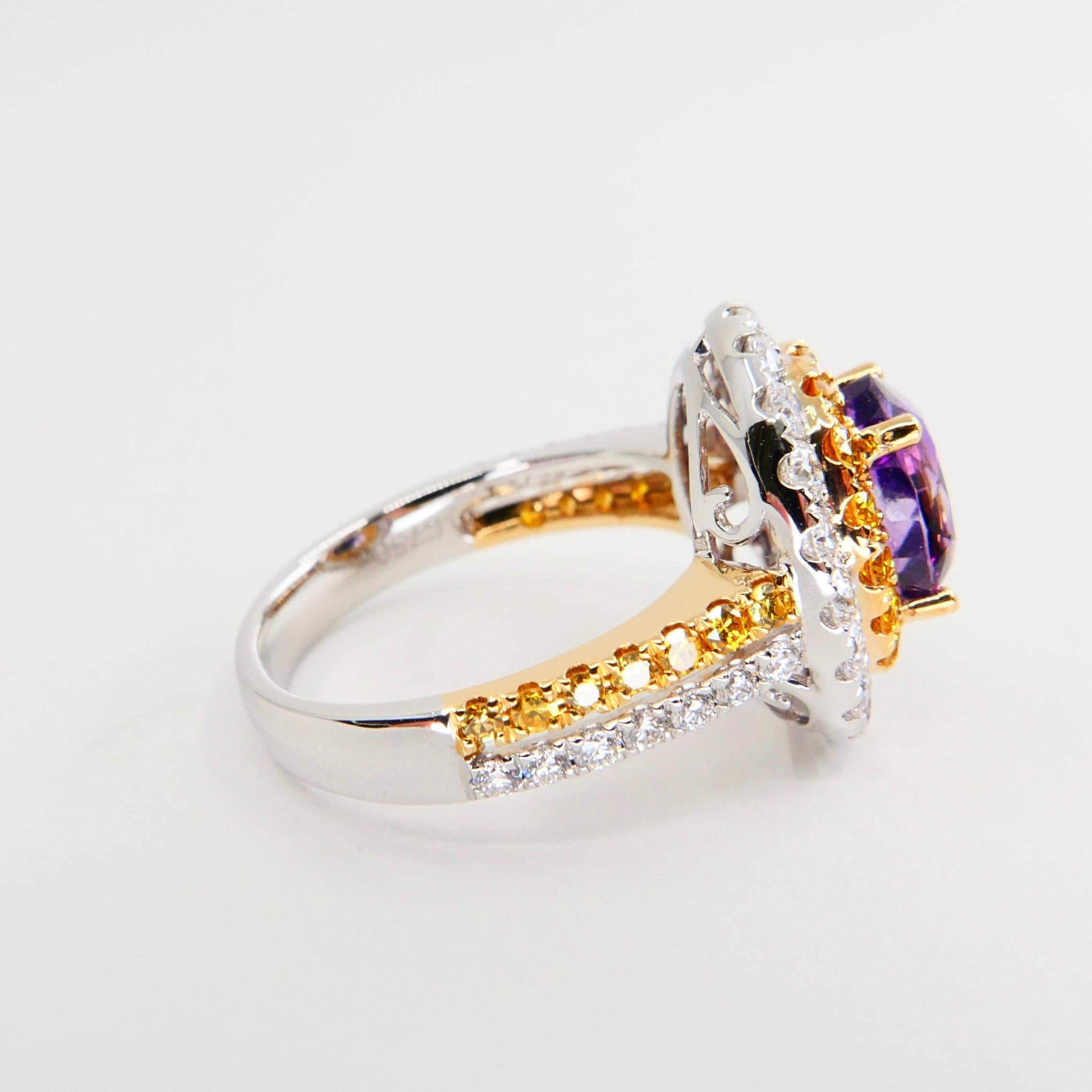 18k White Gold Amethyst Cocktail Ring with Fancy Vivid Yellow and White Diamonds 7