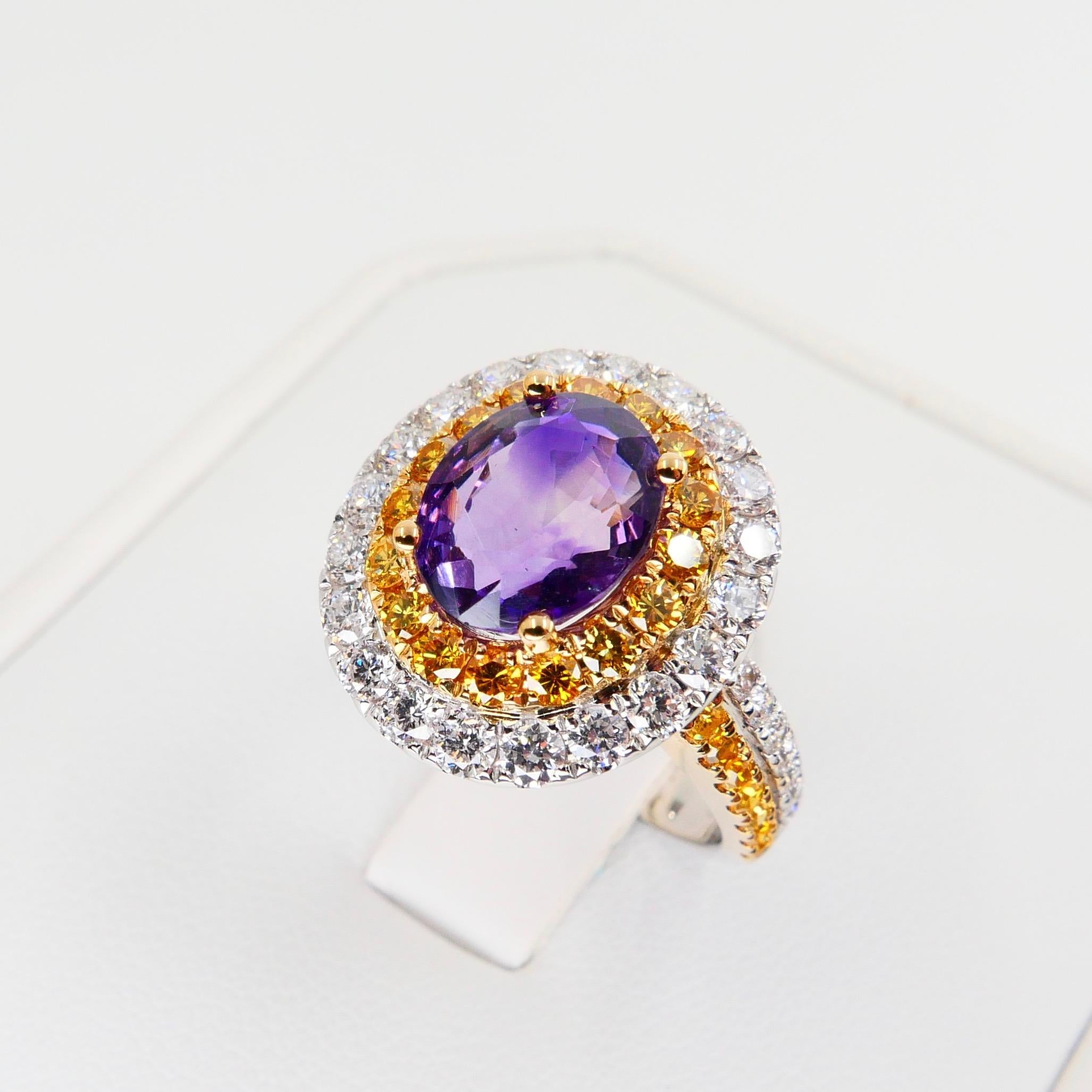 18k White Gold Amethyst Cocktail Ring with Fancy Vivid Yellow and White Diamonds 10
