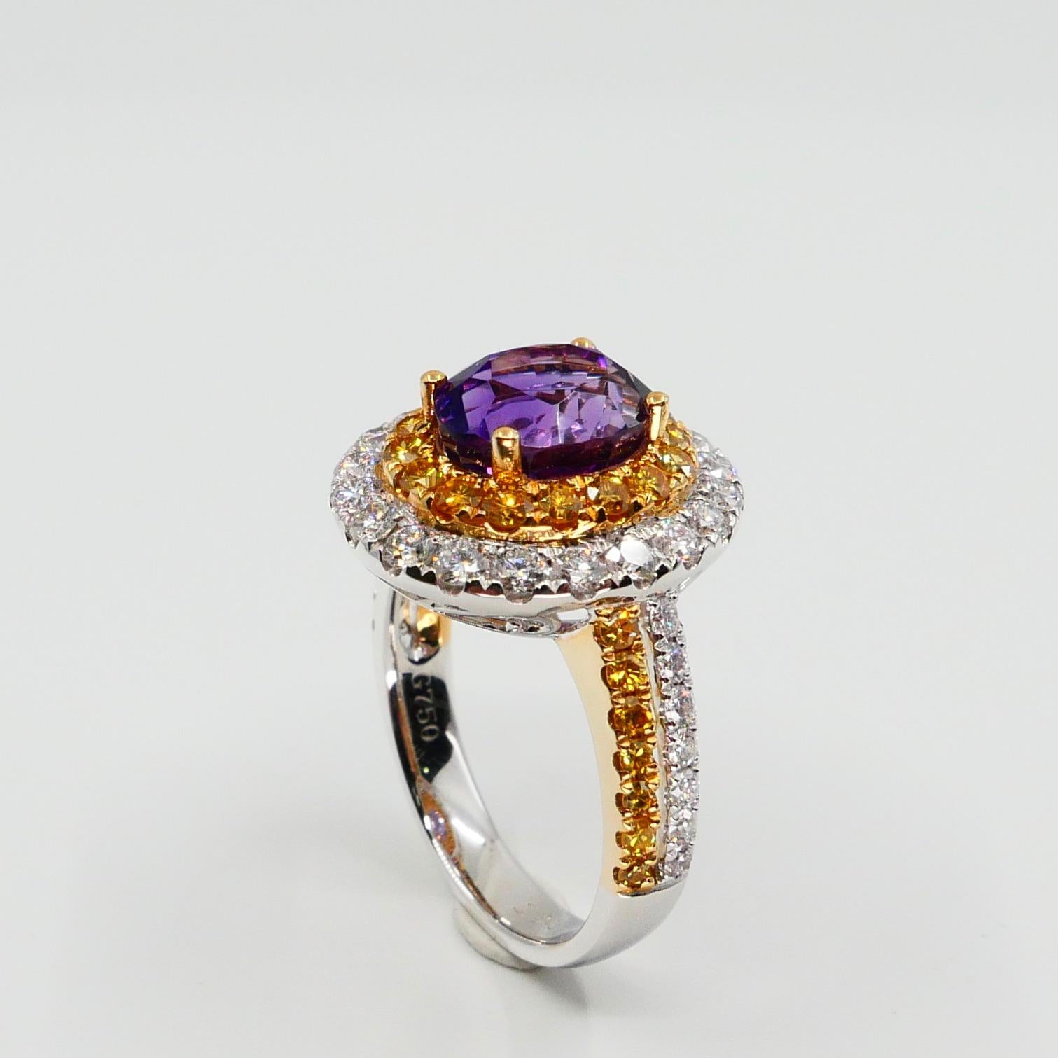 18k White Gold Amethyst Cocktail Ring with Fancy Vivid Yellow and White Diamonds In New Condition In Hong Kong, HK