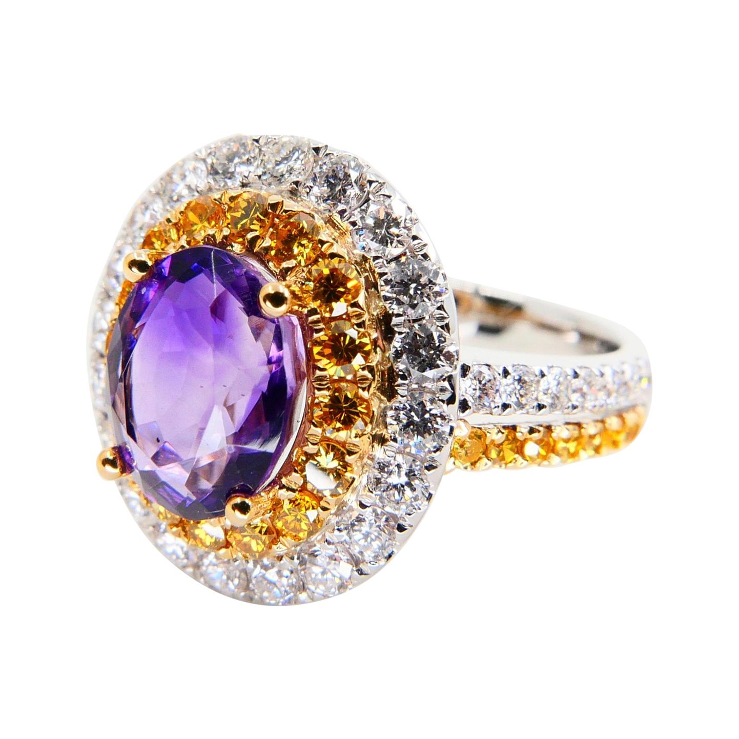 Oval Cut 18k White Gold Amethyst Cocktail Ring with Fancy Vivid Yellow and White Diamonds