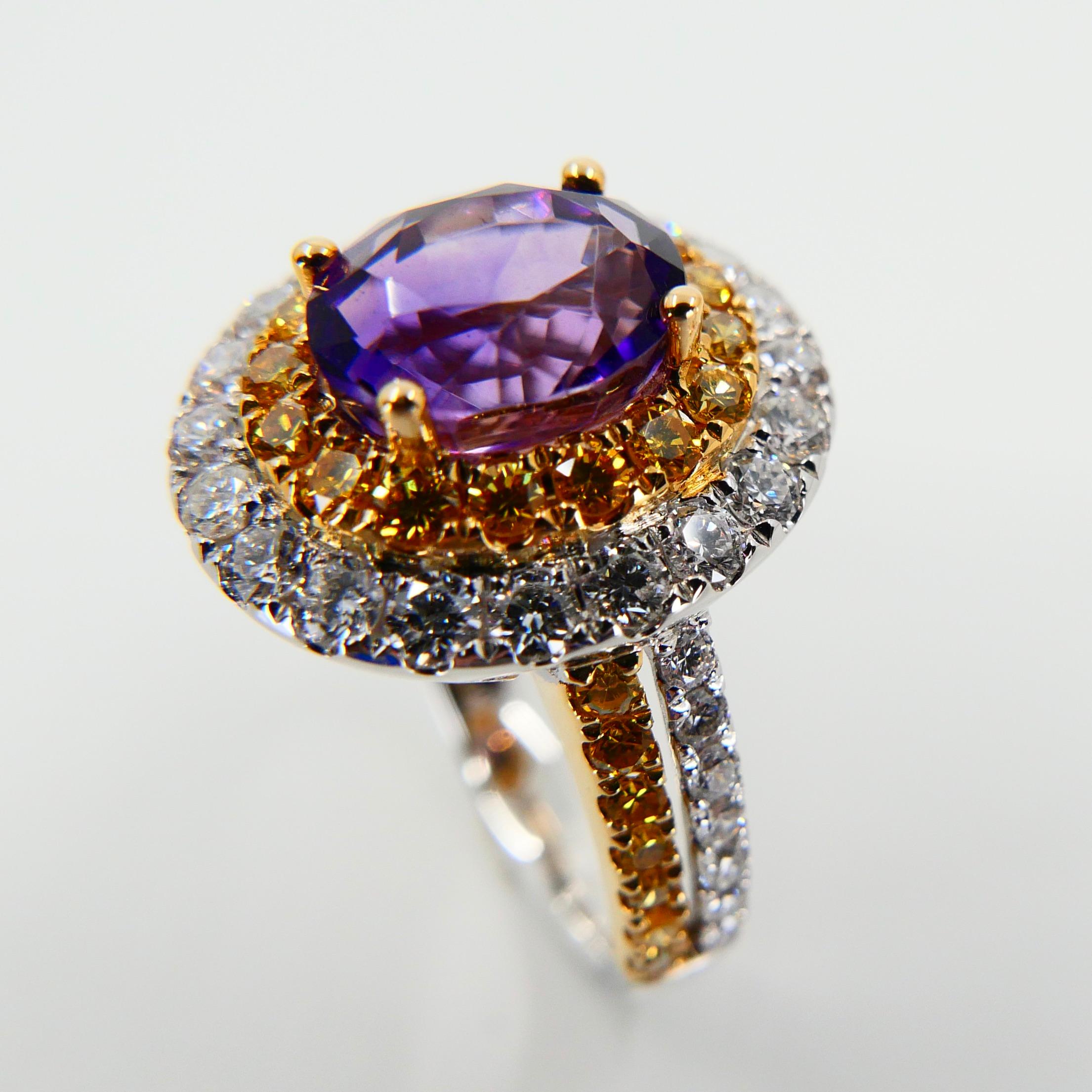 Women's 18k White Gold Amethyst Cocktail Ring with Fancy Vivid Yellow and White Diamonds