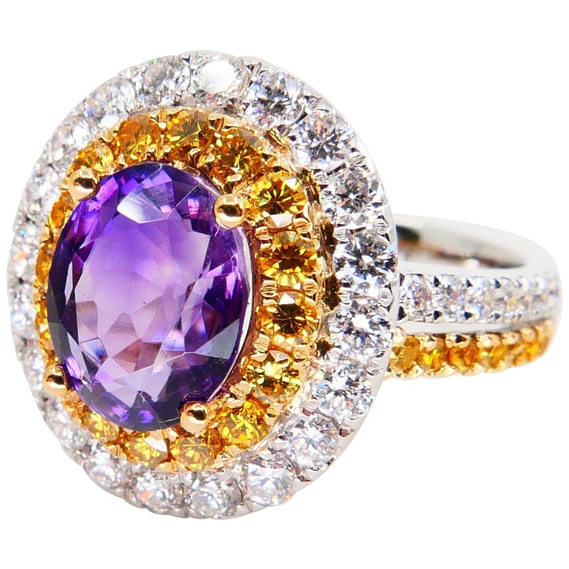 18k White Gold Amethyst Cocktail Ring with Fancy Vivid Yellow and White Diamonds 1