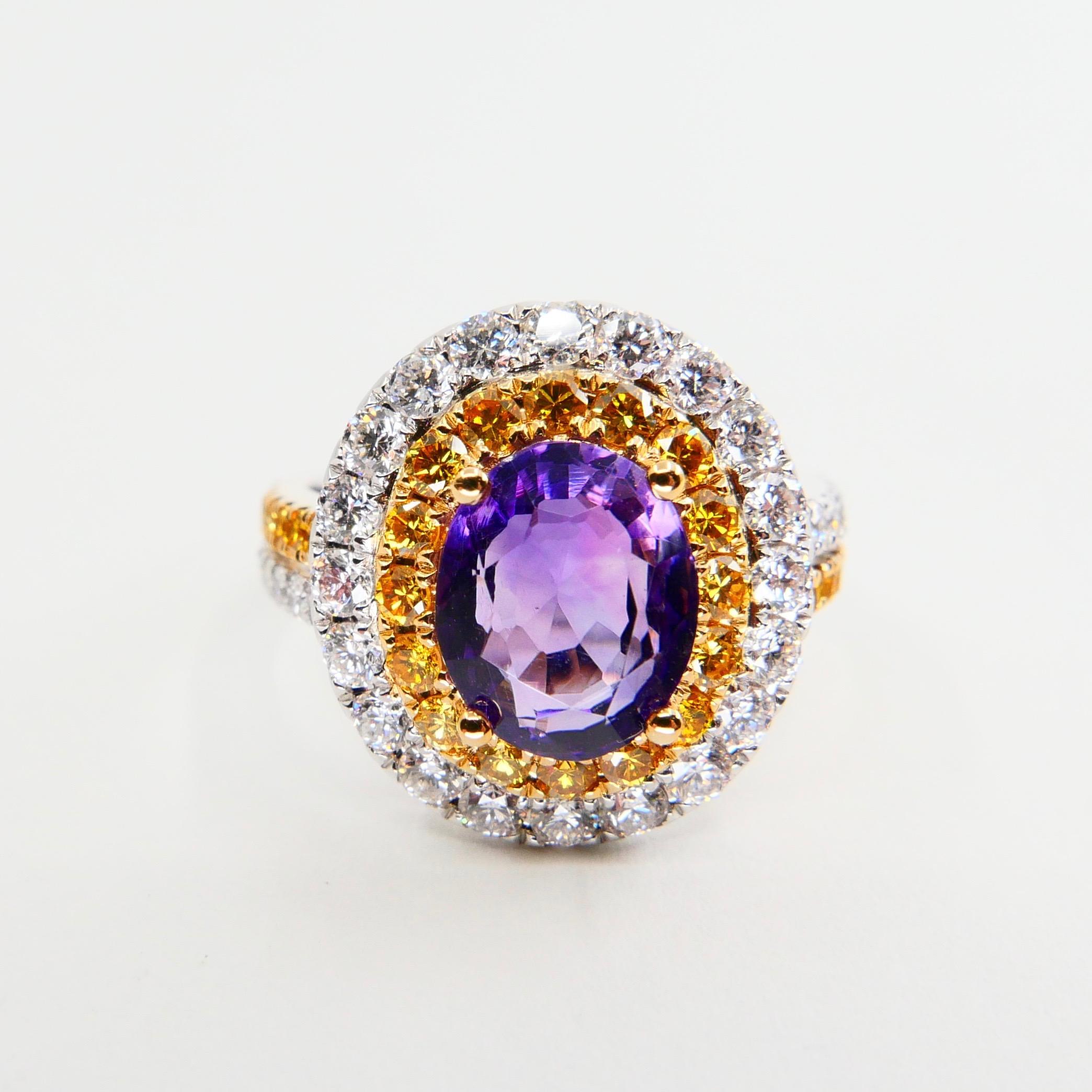 18k White Gold Amethyst Cocktail Ring with Fancy Vivid Yellow and White Diamonds 2