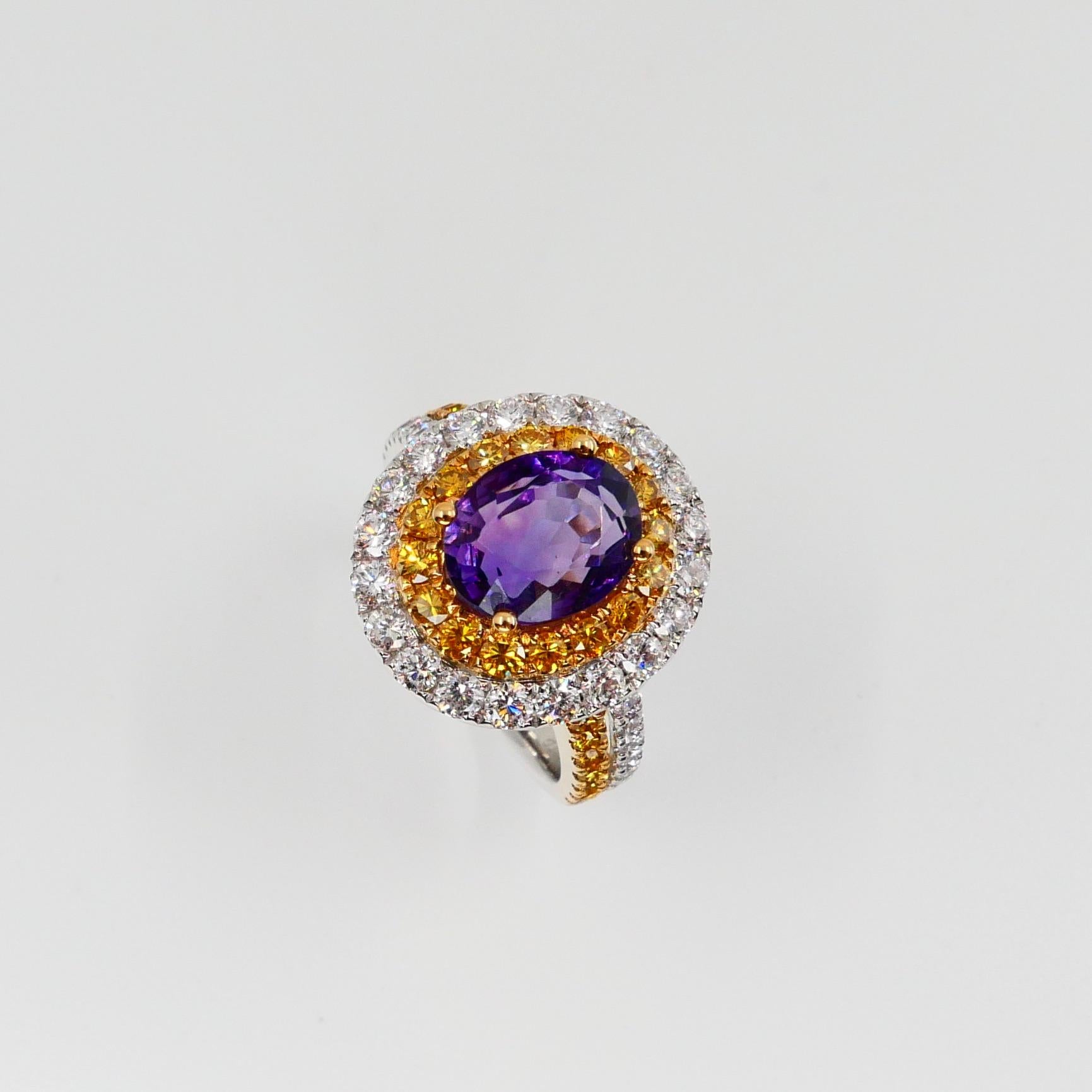 18k White Gold Amethyst Cocktail Ring with Fancy Vivid Yellow and White Diamonds 3