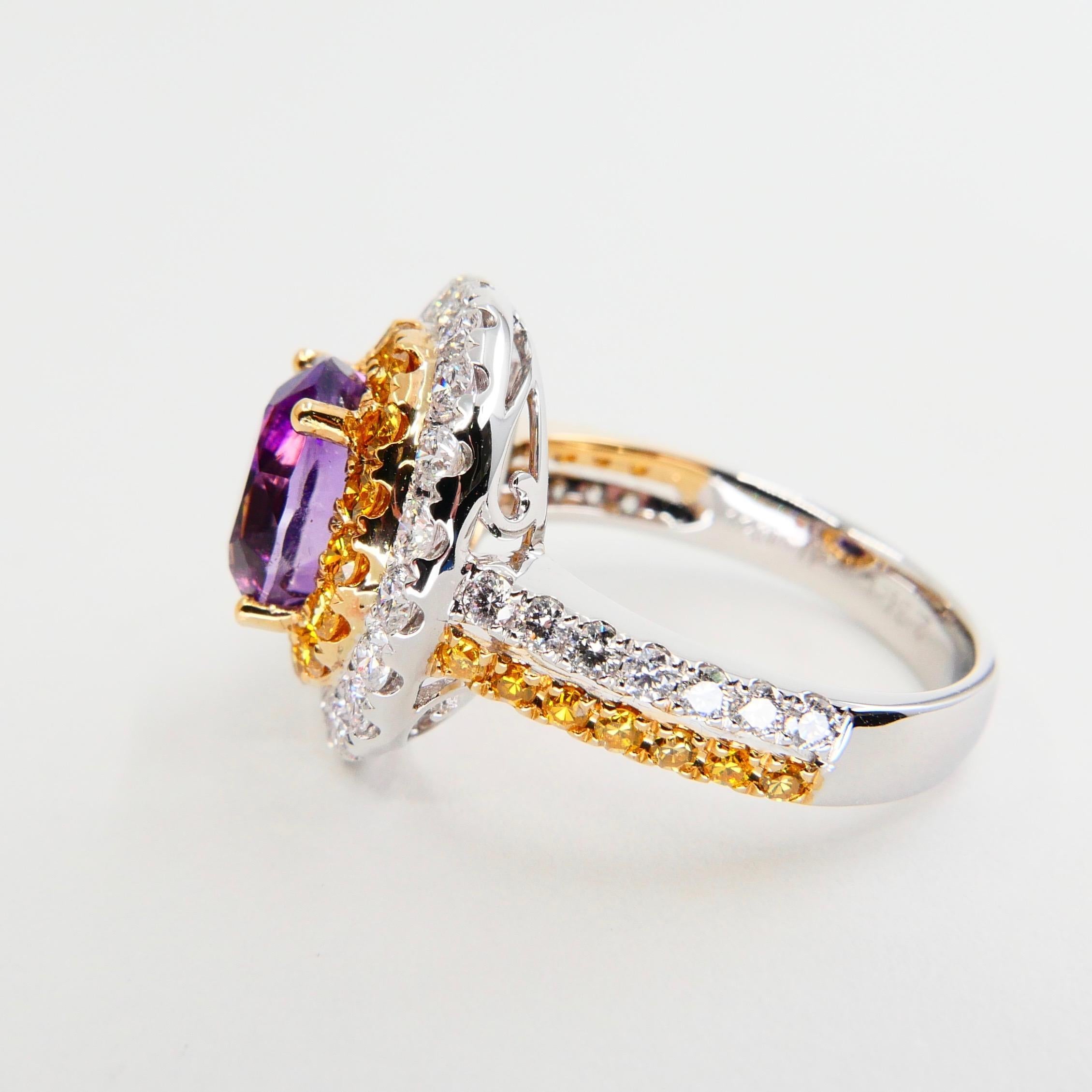 18k White Gold Amethyst Cocktail Ring with Fancy Vivid Yellow and White Diamonds 4