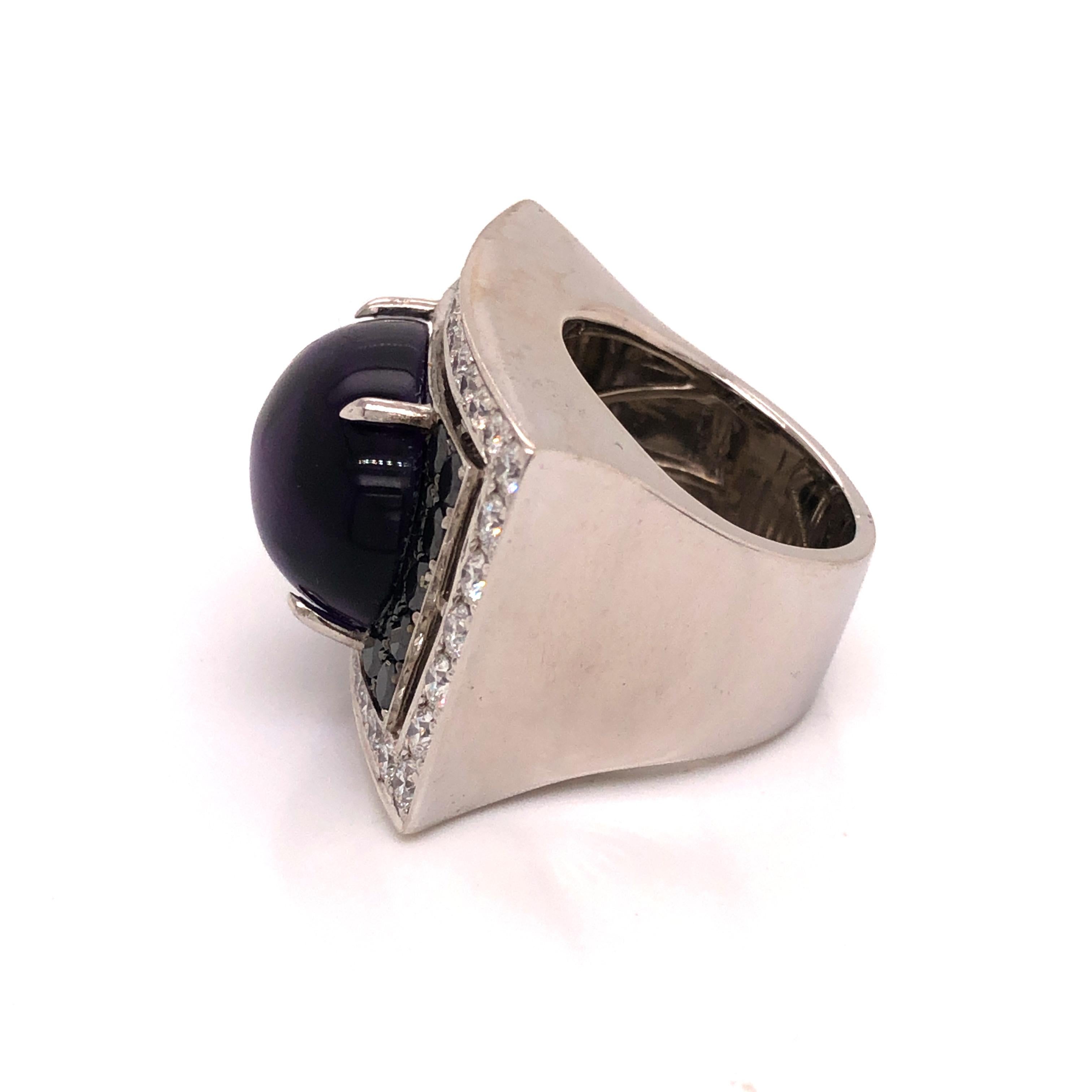 Oval Cut 18 Karat White Gold Amethyst Diamond and Black Diamond Ring For Sale