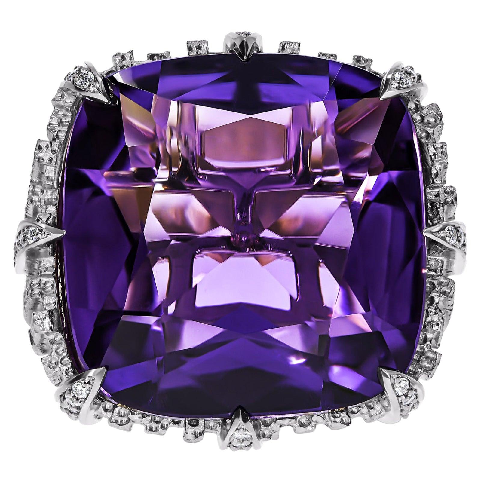 For Sale:  18K White Gold, Amethyst & Diamond Dendritic Ring 2