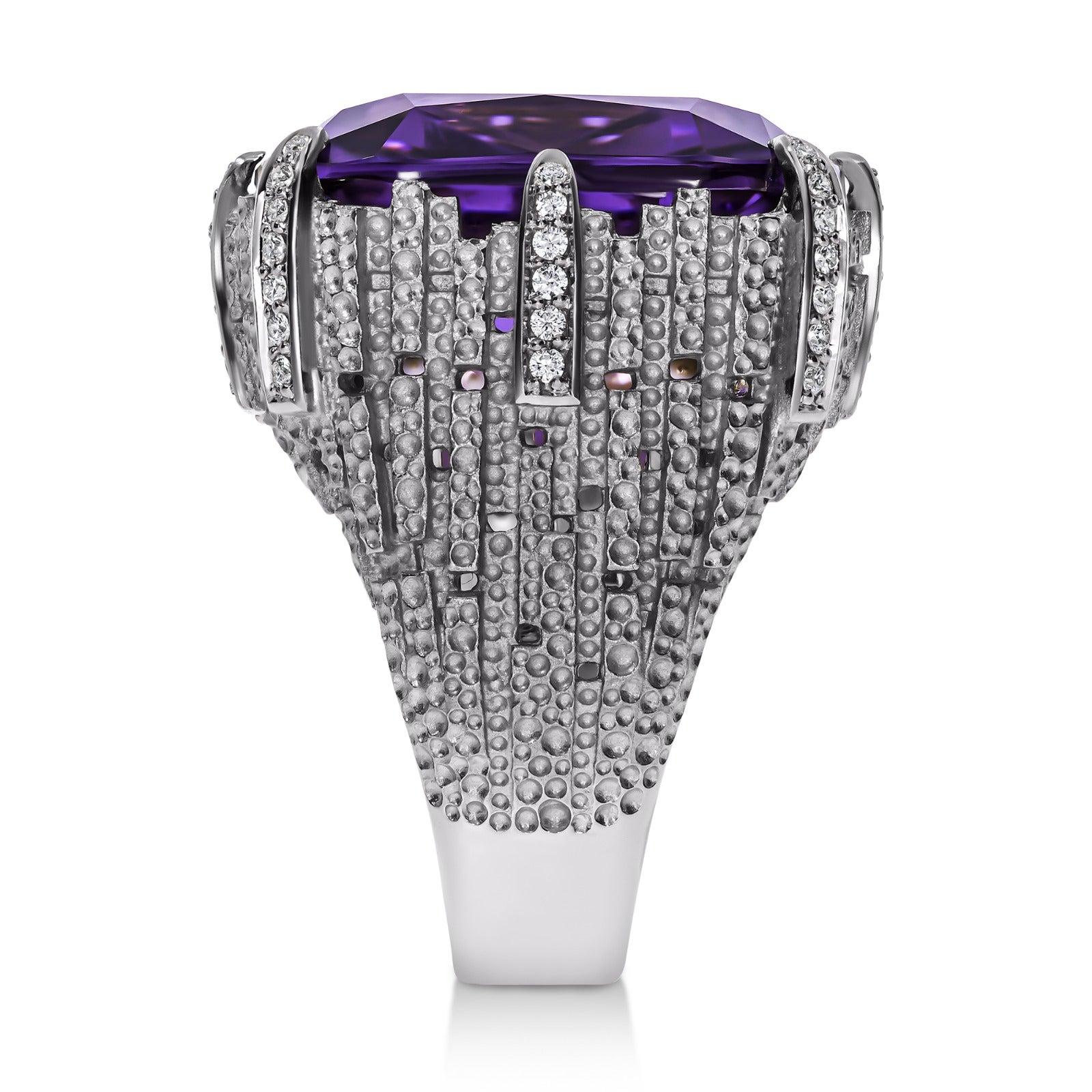 For Sale:  18K White Gold, Amethyst & Diamond Dendritic Ring 4