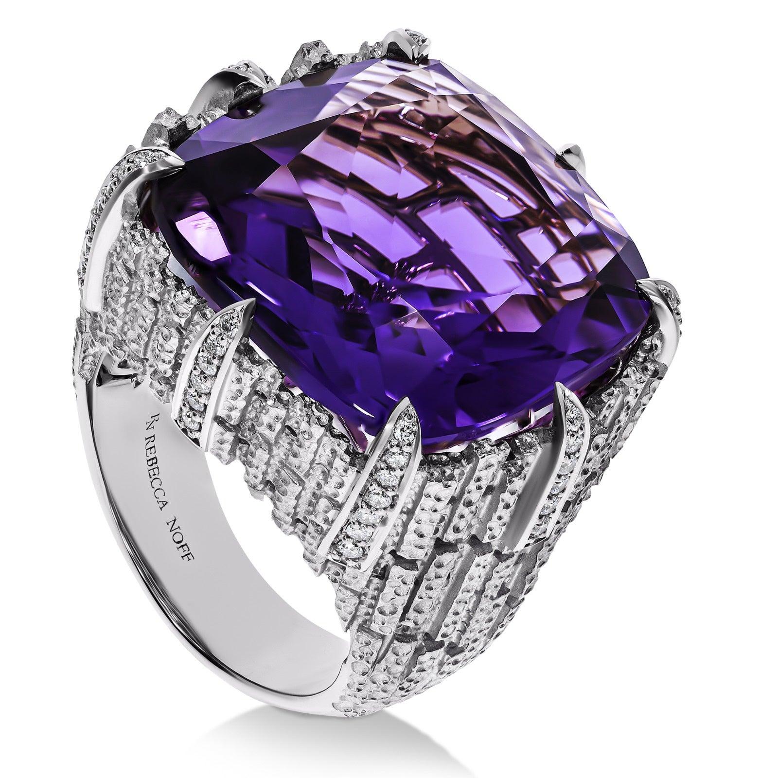 For Sale:  18K White Gold, Amethyst & Diamond Dendritic Ring 6