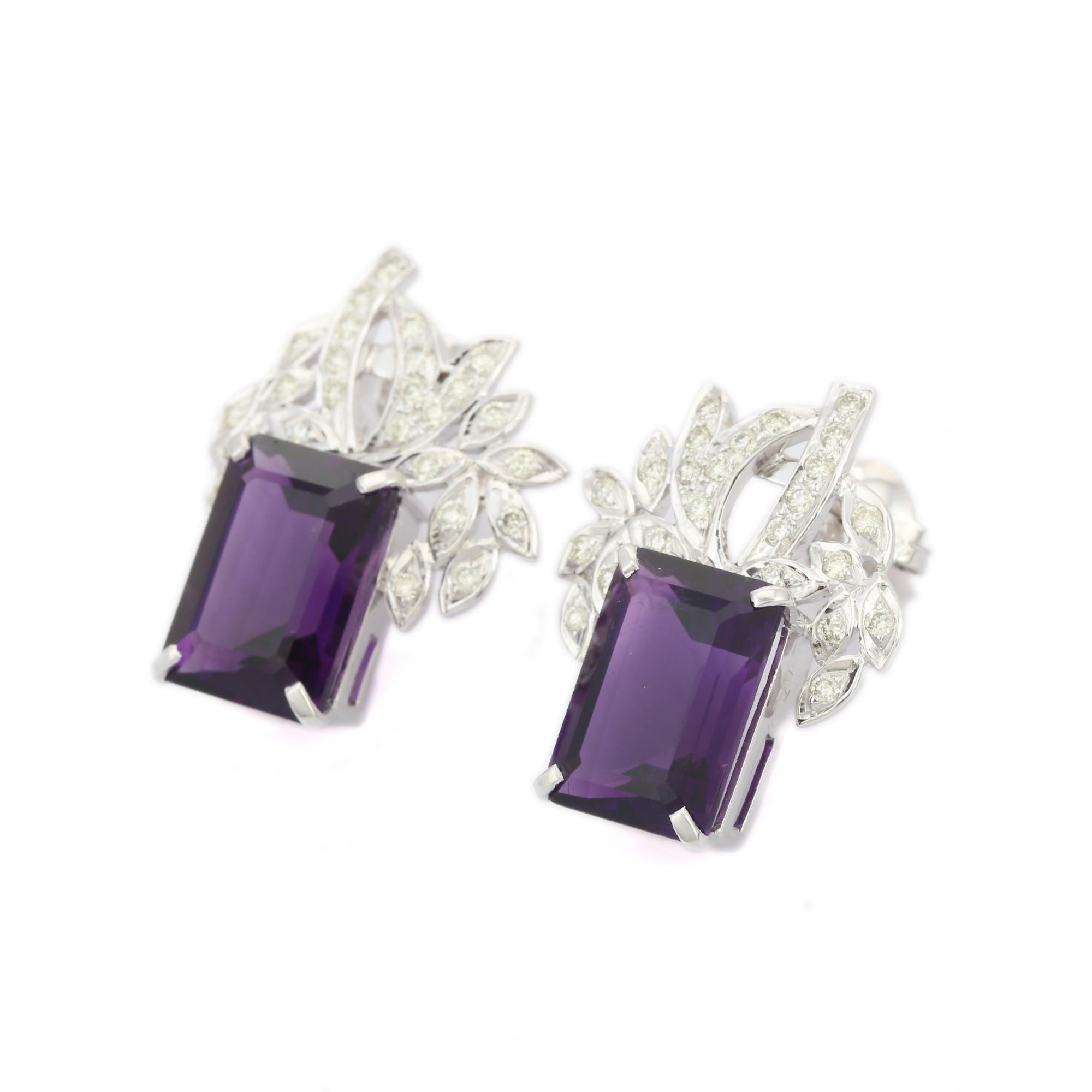 Statement Amethyst Diamond Stud Earrings in 18K Gold to make a statement with your look. You shall need stud earrings to make a statement with your look. These earrings create a sparkling, luxurious look featuring octagon cut amethyst.
Amethyst
