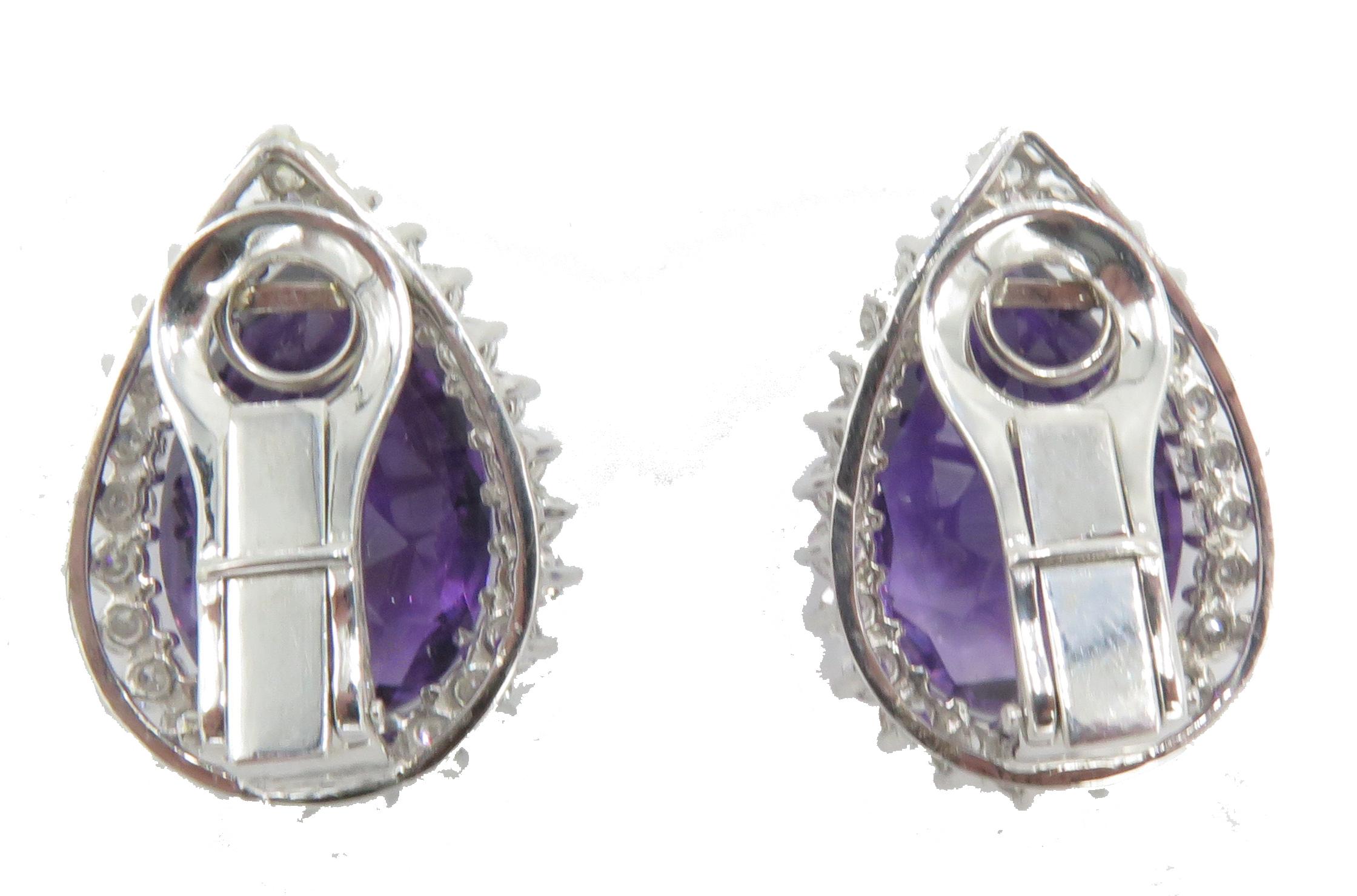 Pear Cut 18 Karat White Gold Amethyst and Diamond Earrings For Sale