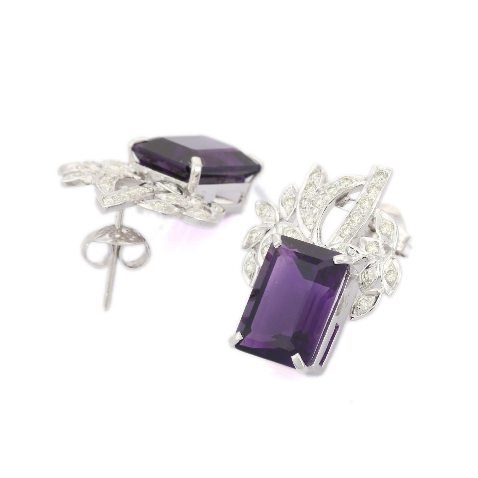 Modern Statement 18kt Solid White Gold 14.7 ct Octagon Amethyst Diamond Stud Earrings For Sale