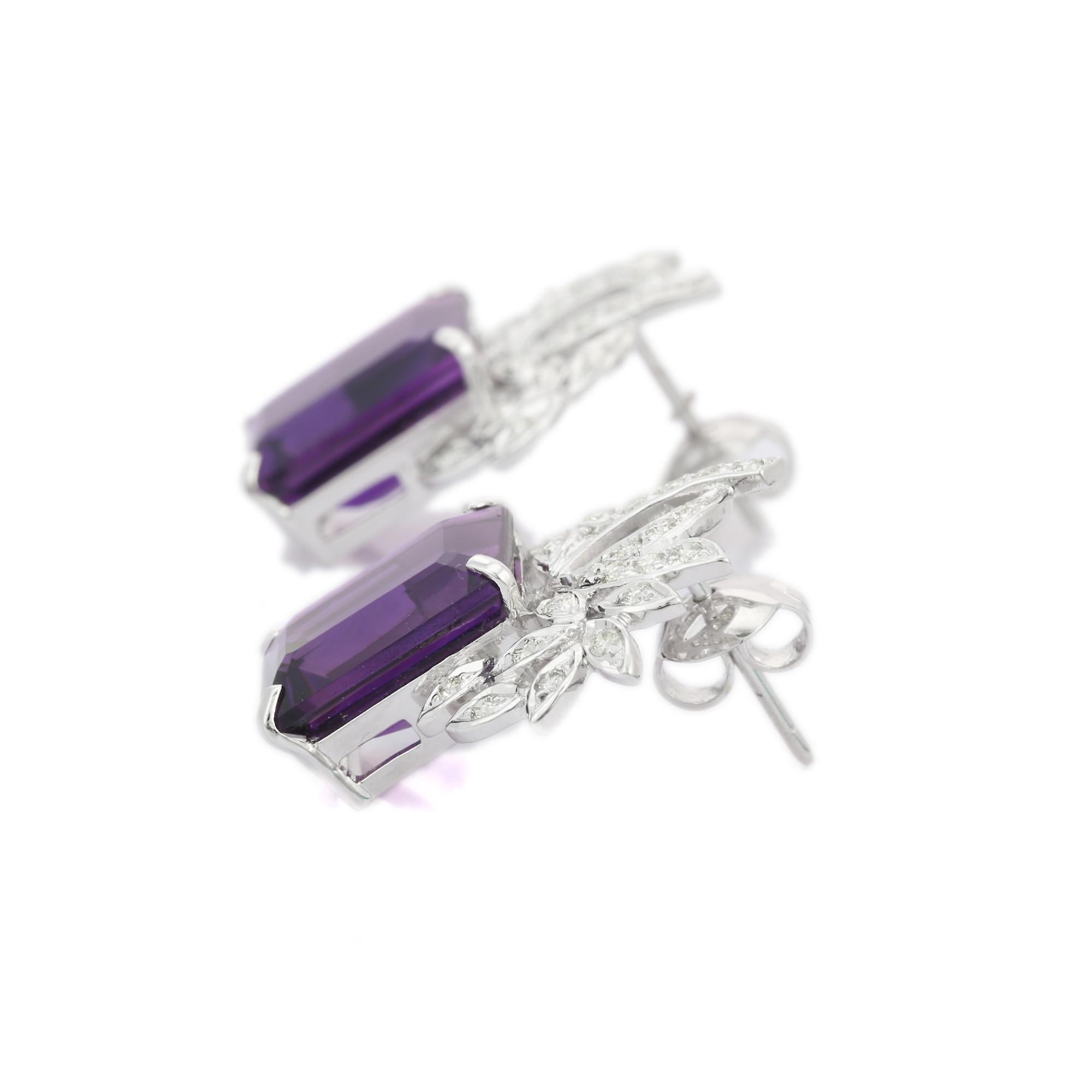 Statement 18 Karat massives Weißgold 14,7 Karat achteckiger Amethyst Diamant-Ohrstecker (Achteckschliff) im Angebot