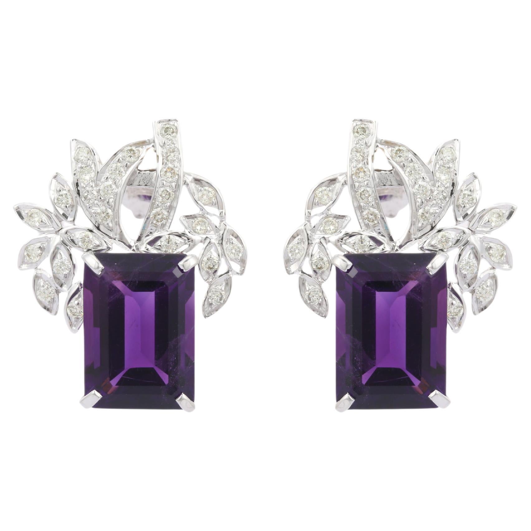 Statement 18kt Solid White Gold 14.7 ct Octagon Amethyst Diamond Stud Earrings
