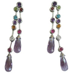 18k White Gold Amethyst & Multi- Stone & Diamond Dangle Drop Earring