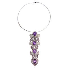 18K White Gold Amethyst Pink Sapphire Diamond Collar Pendant Necklace