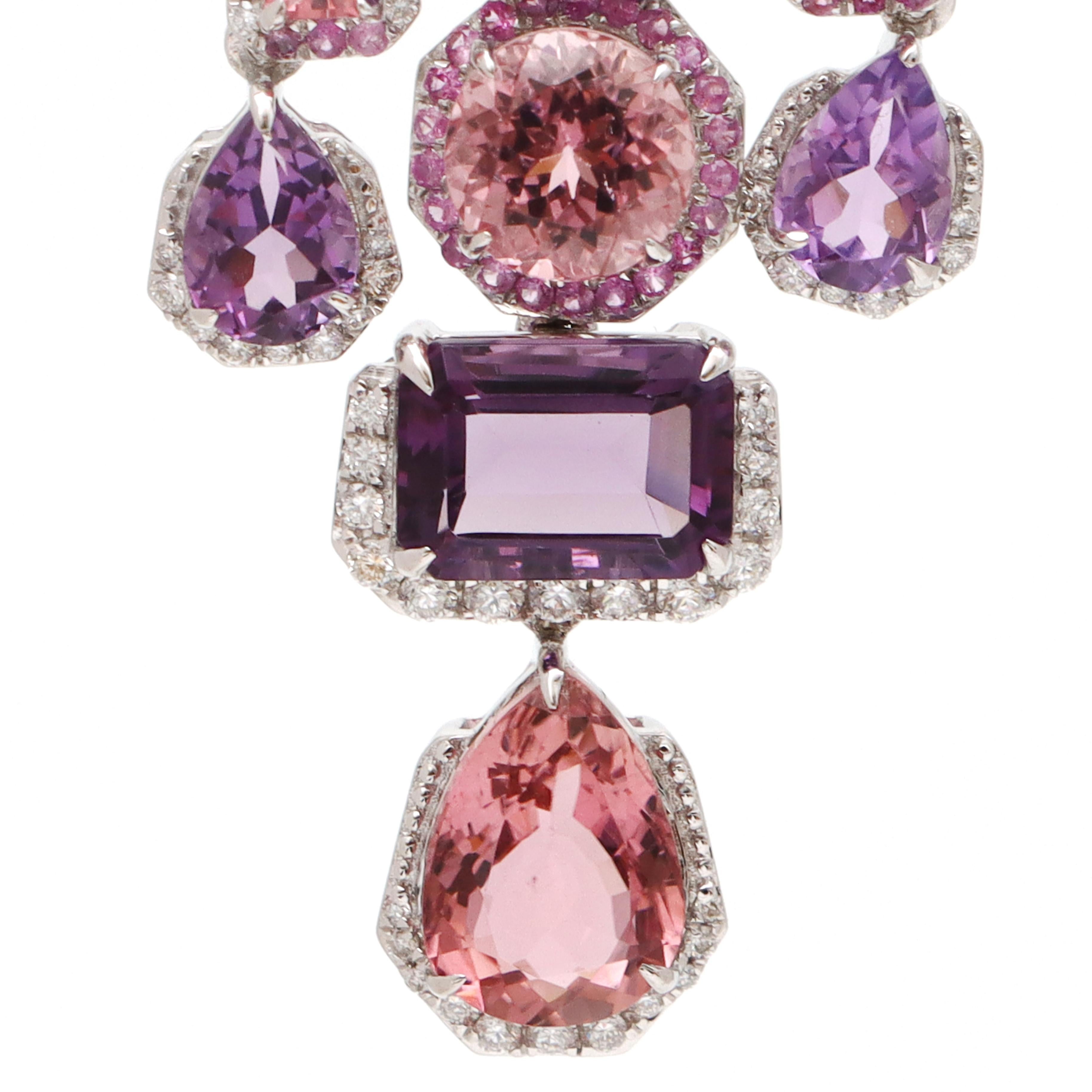 Art Nouveau 18k White Gold Amethyst Pink Sapphire Tourmaline Multi Earrings With Diamonds For Sale