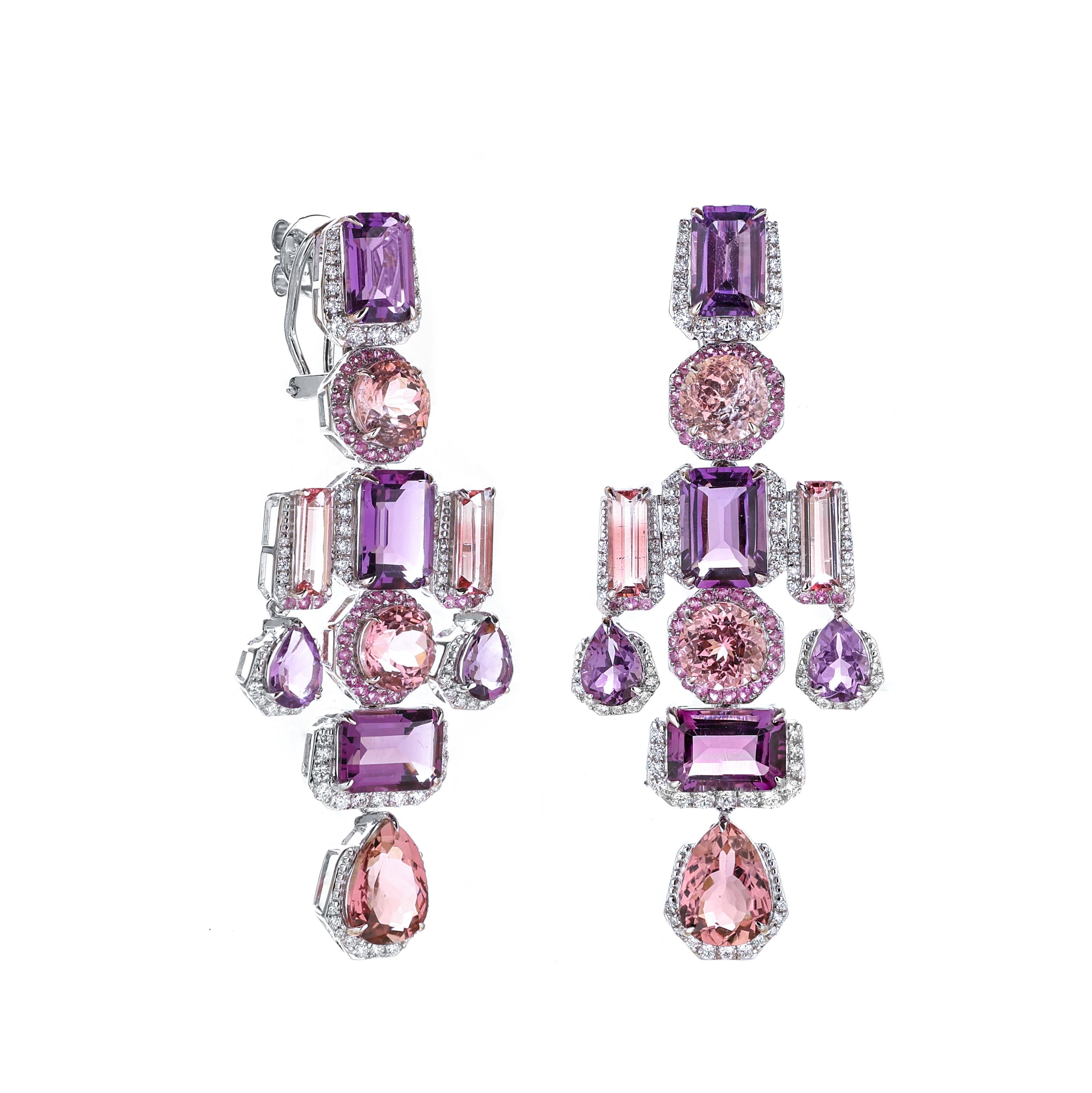 18k White Gold Amethyst Pink Sapphire Tourmaline Multi Earrings With Diamonds In New Condition For Sale In Jaipur, IN