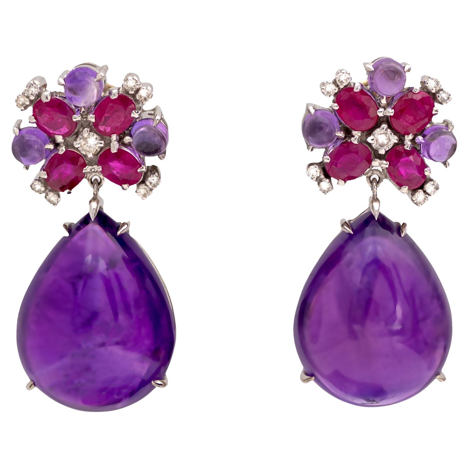 18K White Gold Amethyst Ruby Diamond Drop Earrings For Sale