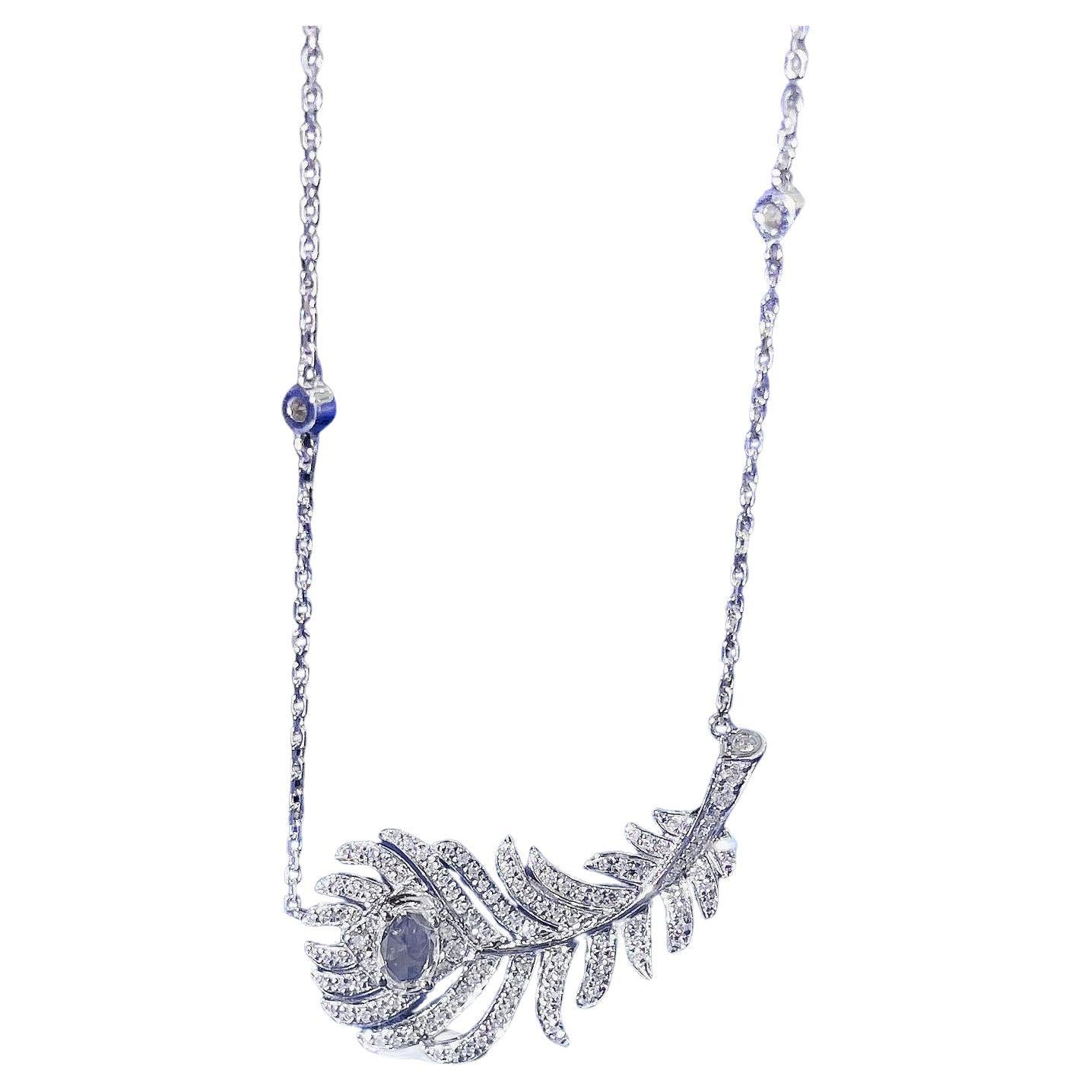 18K White Gold an Elliptical Feather Necklace with White Natural Diamonds